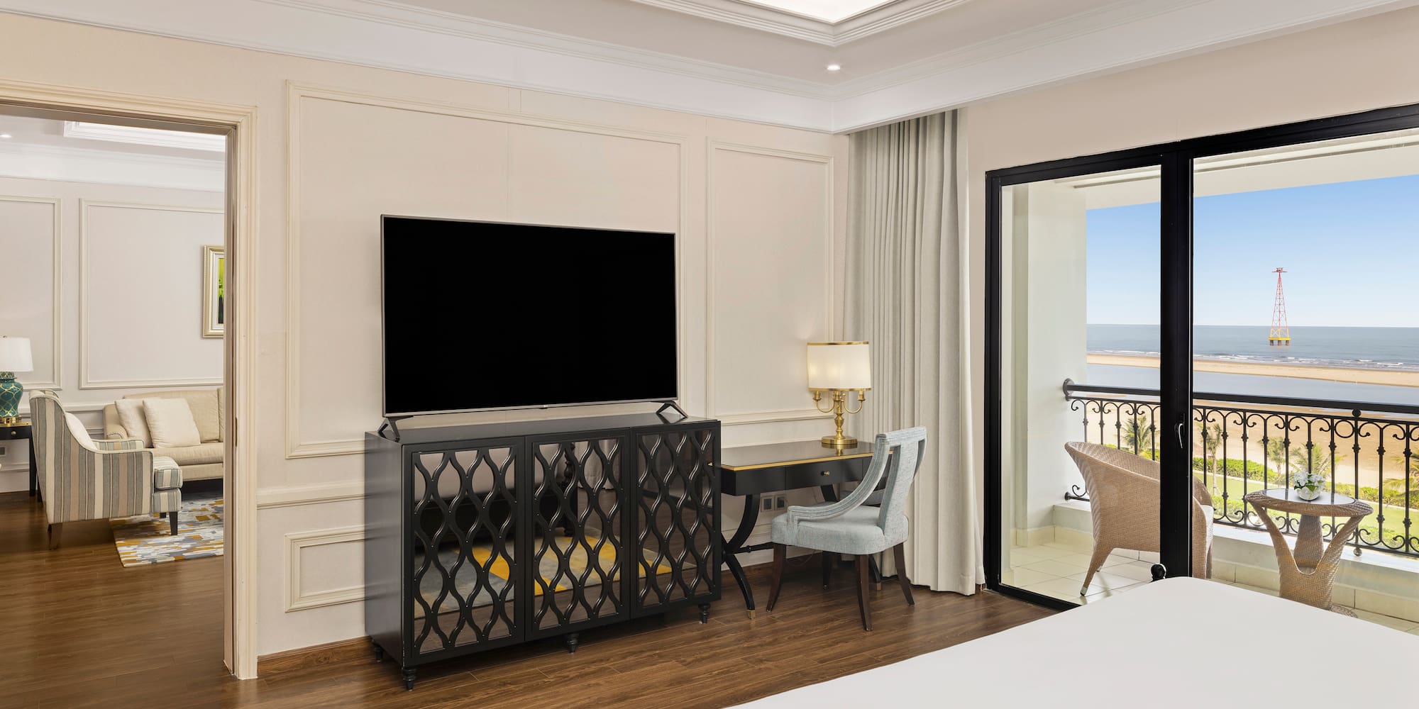 a room with a tv and a table