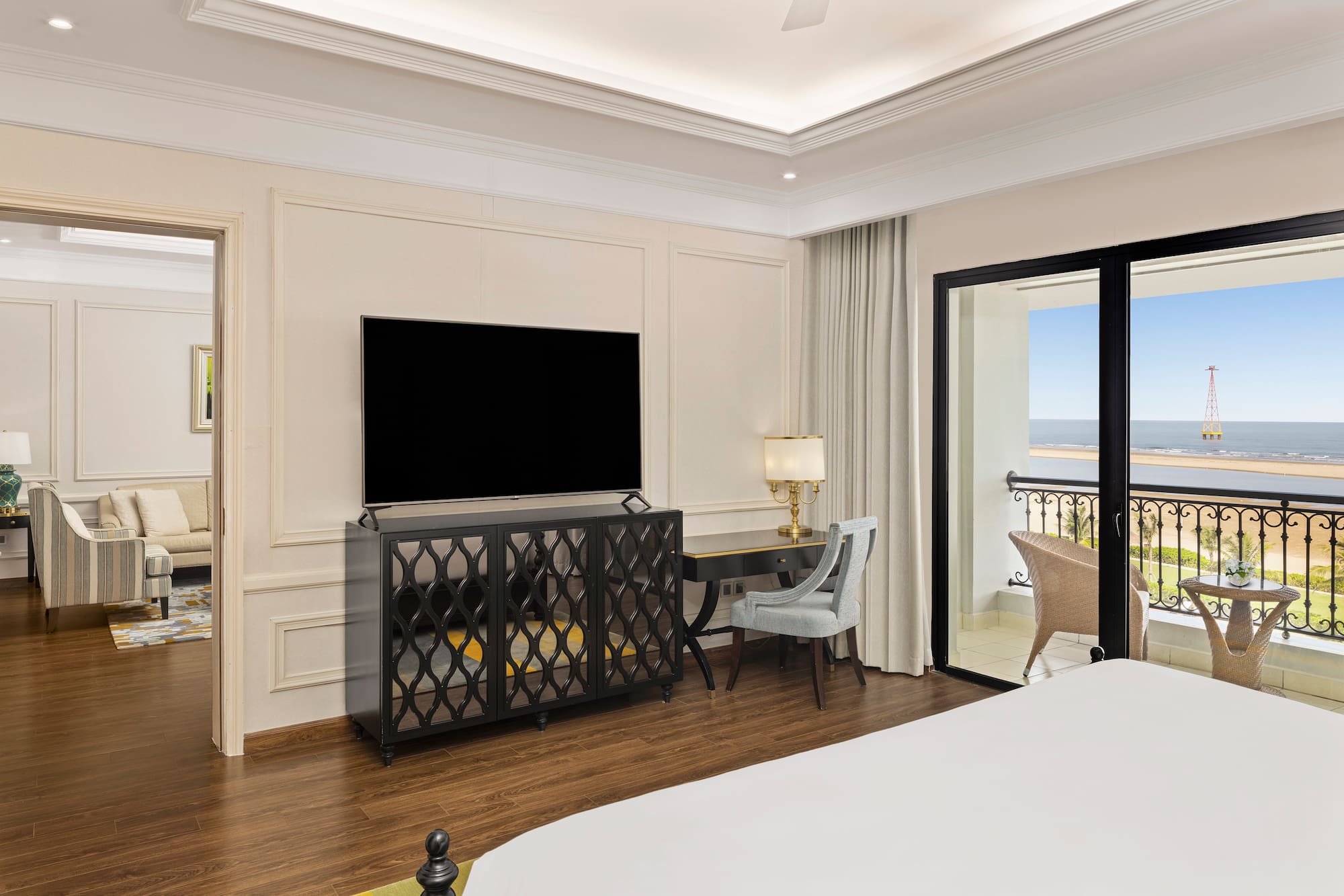 a room with a tv and a table