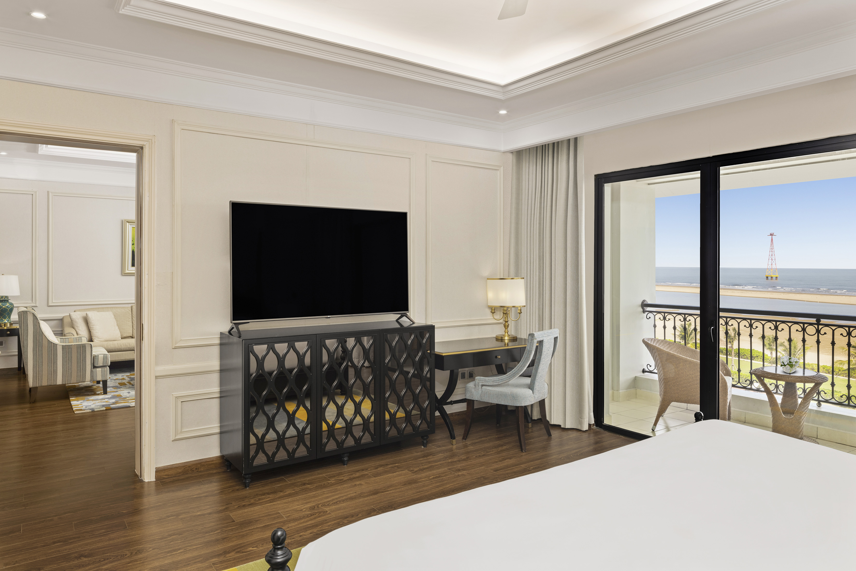 a room with a tv and a table