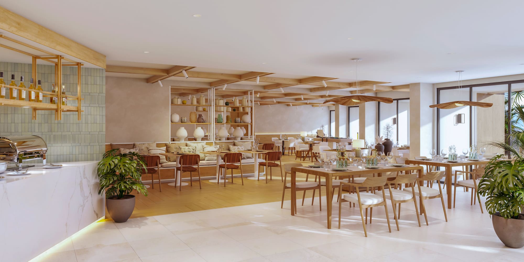 a room with tables and chairs