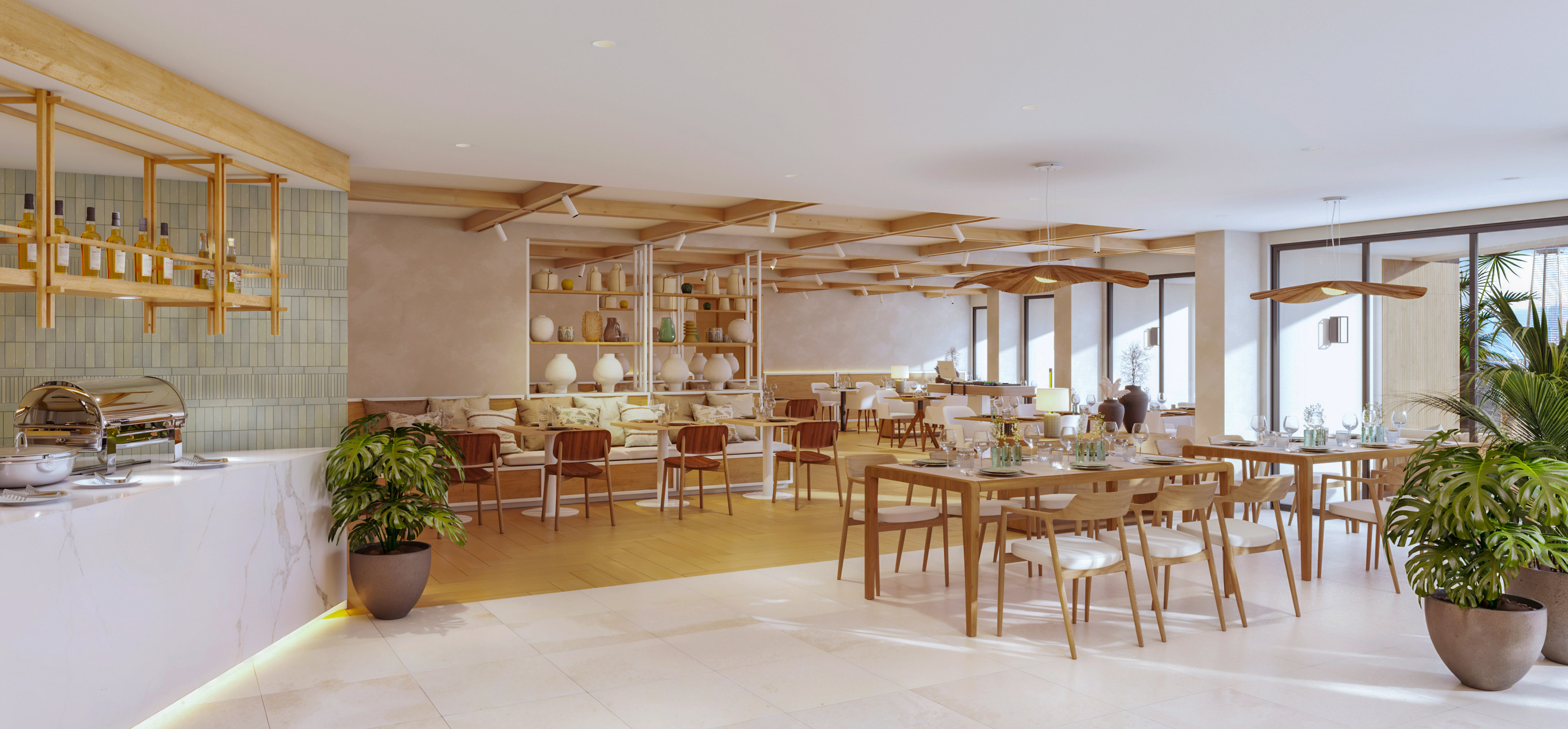 Modern restaurant with buffet, light wood tables, and decorative shelves.
