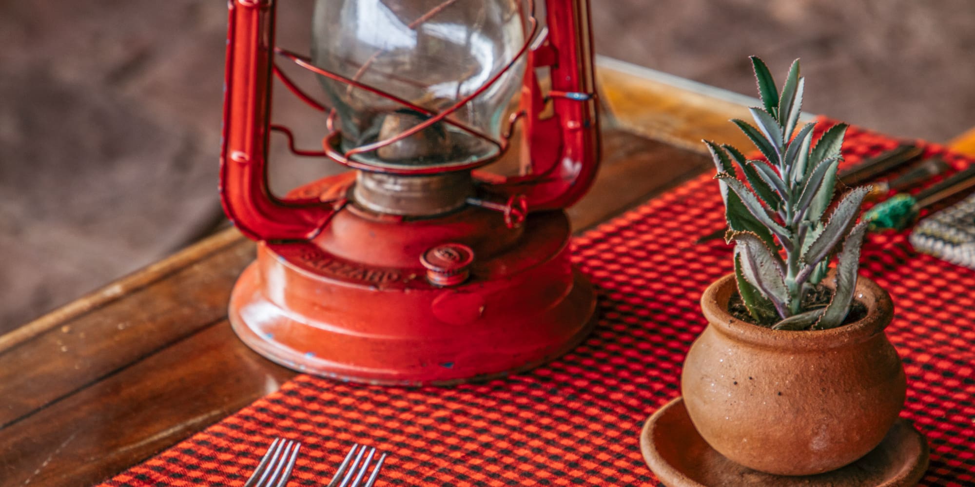 a table with a red lantern and a potted plant