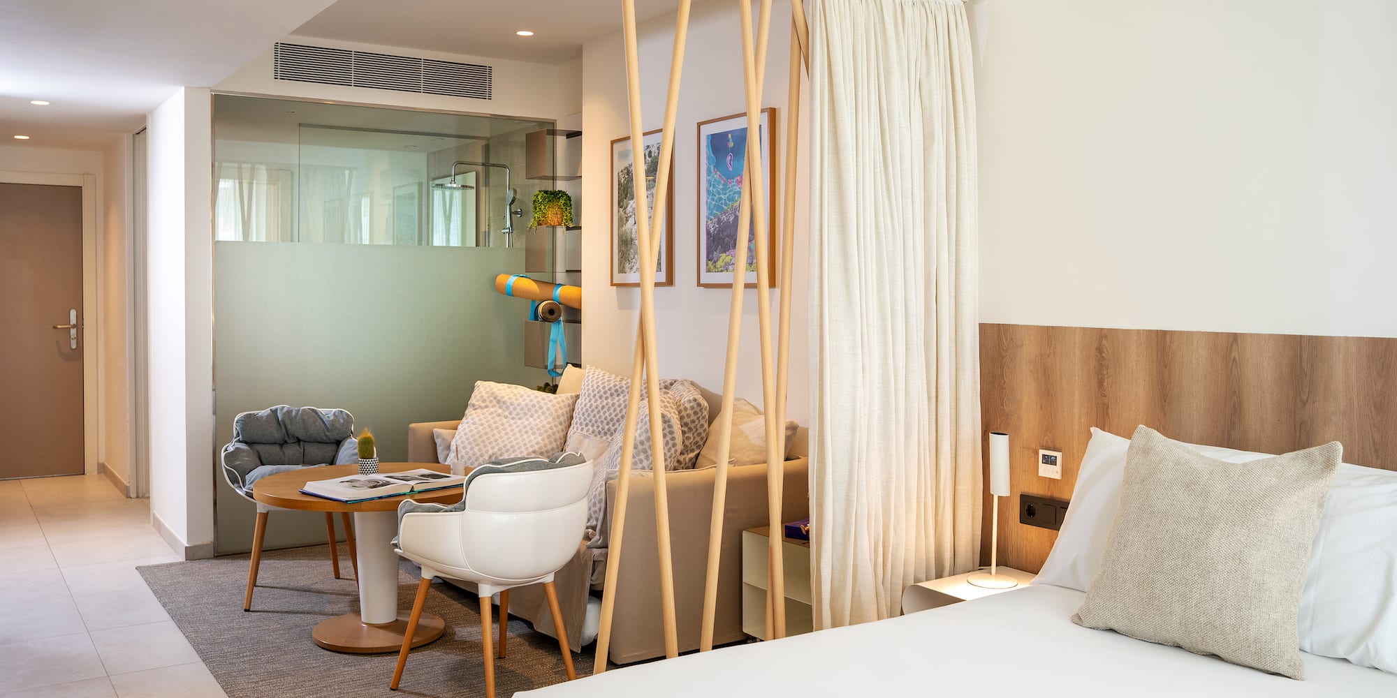 a room with a bed and a table