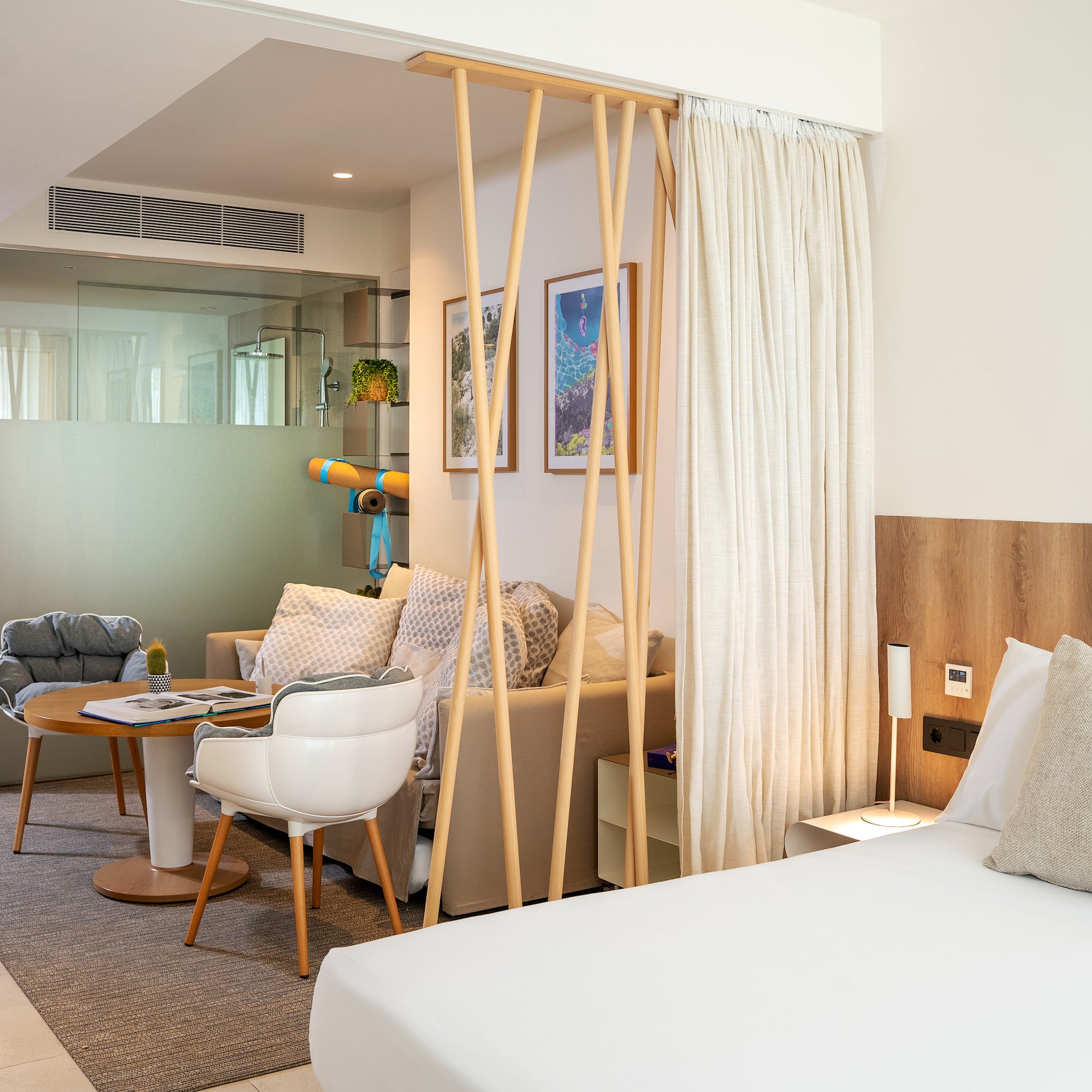 a room with a bed and a table