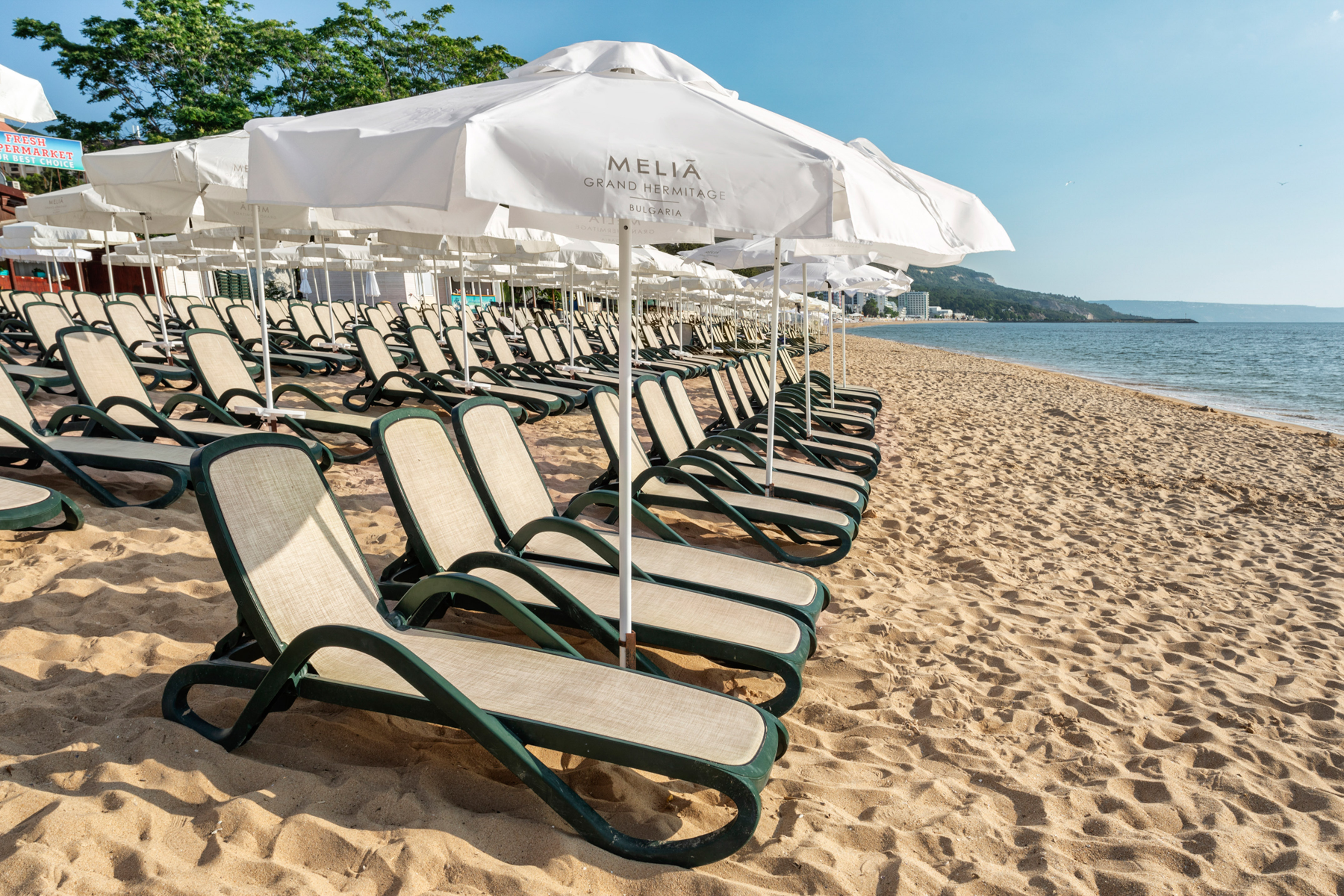 a beach with chairs and umbrellas