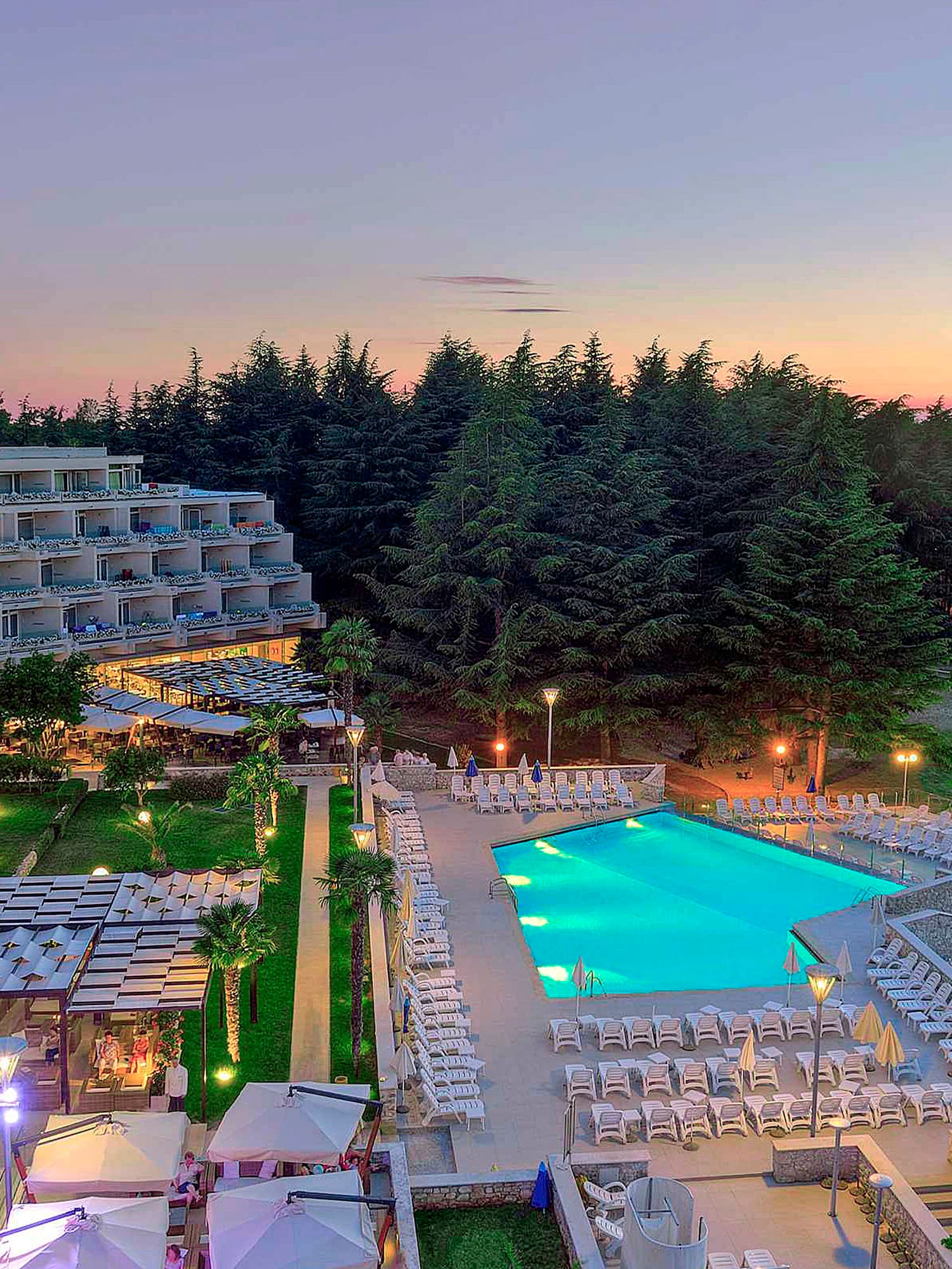 a pool and a hotel with trees in the background