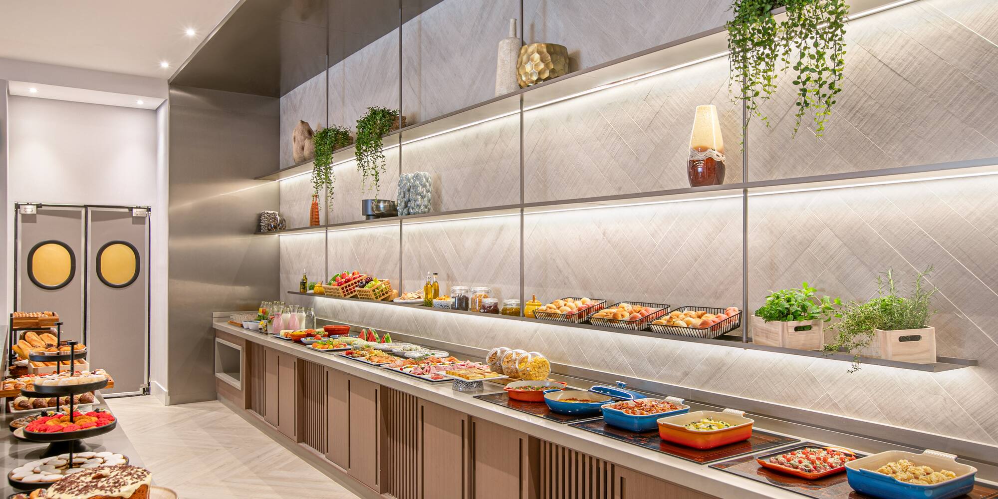 a buffet with food on the shelves
