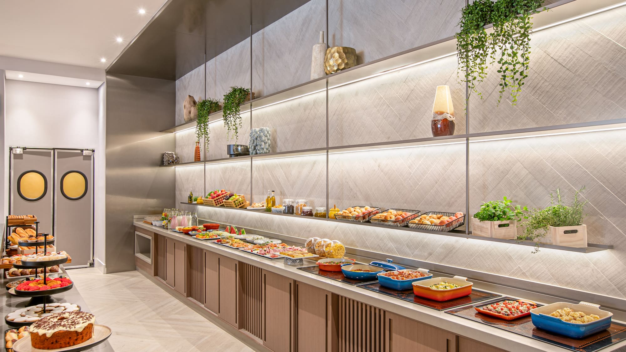 a buffet with food on the shelves