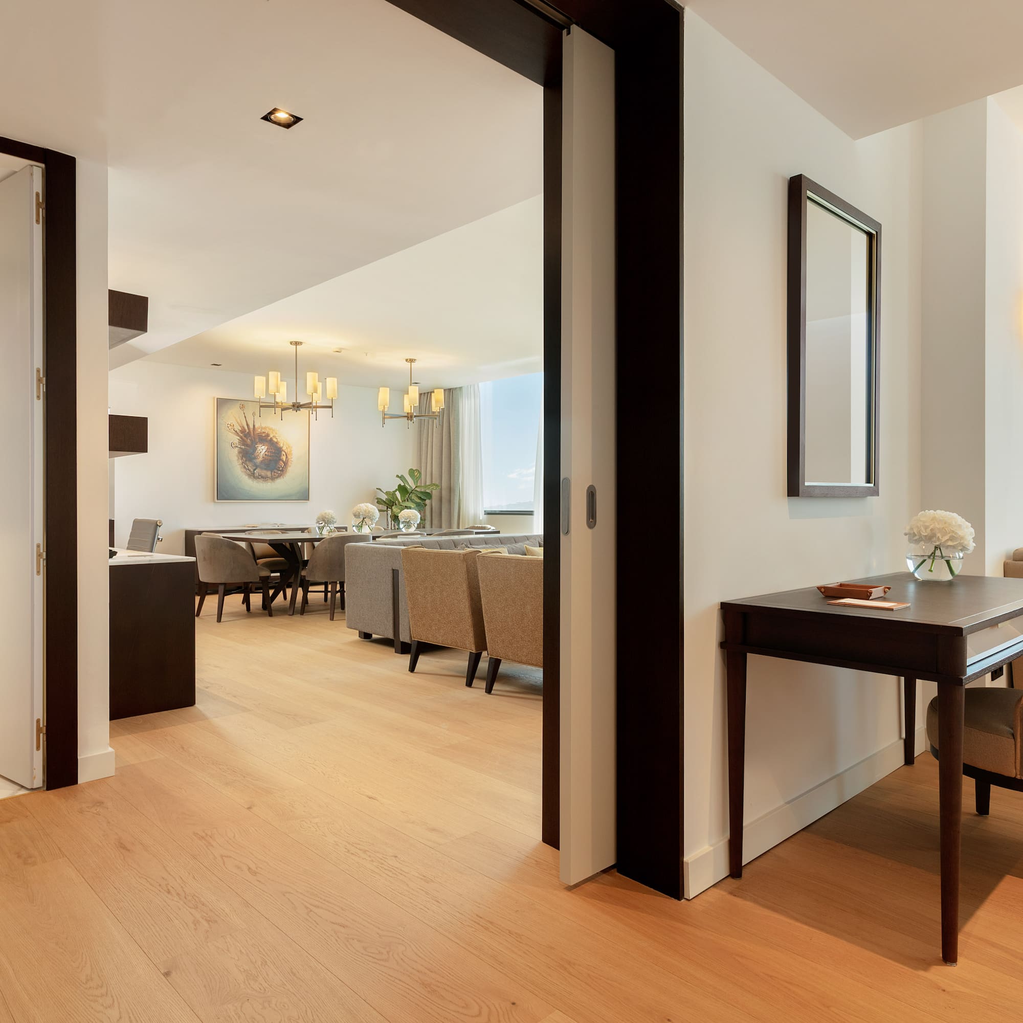 a room with a table and chairs