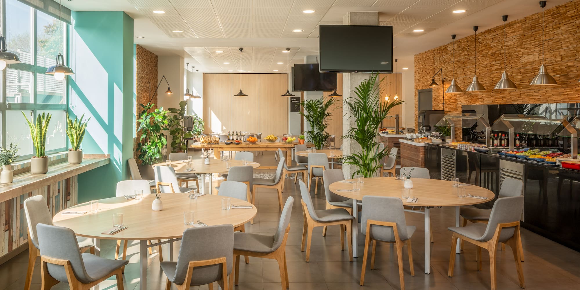 a large room with tables and chairs