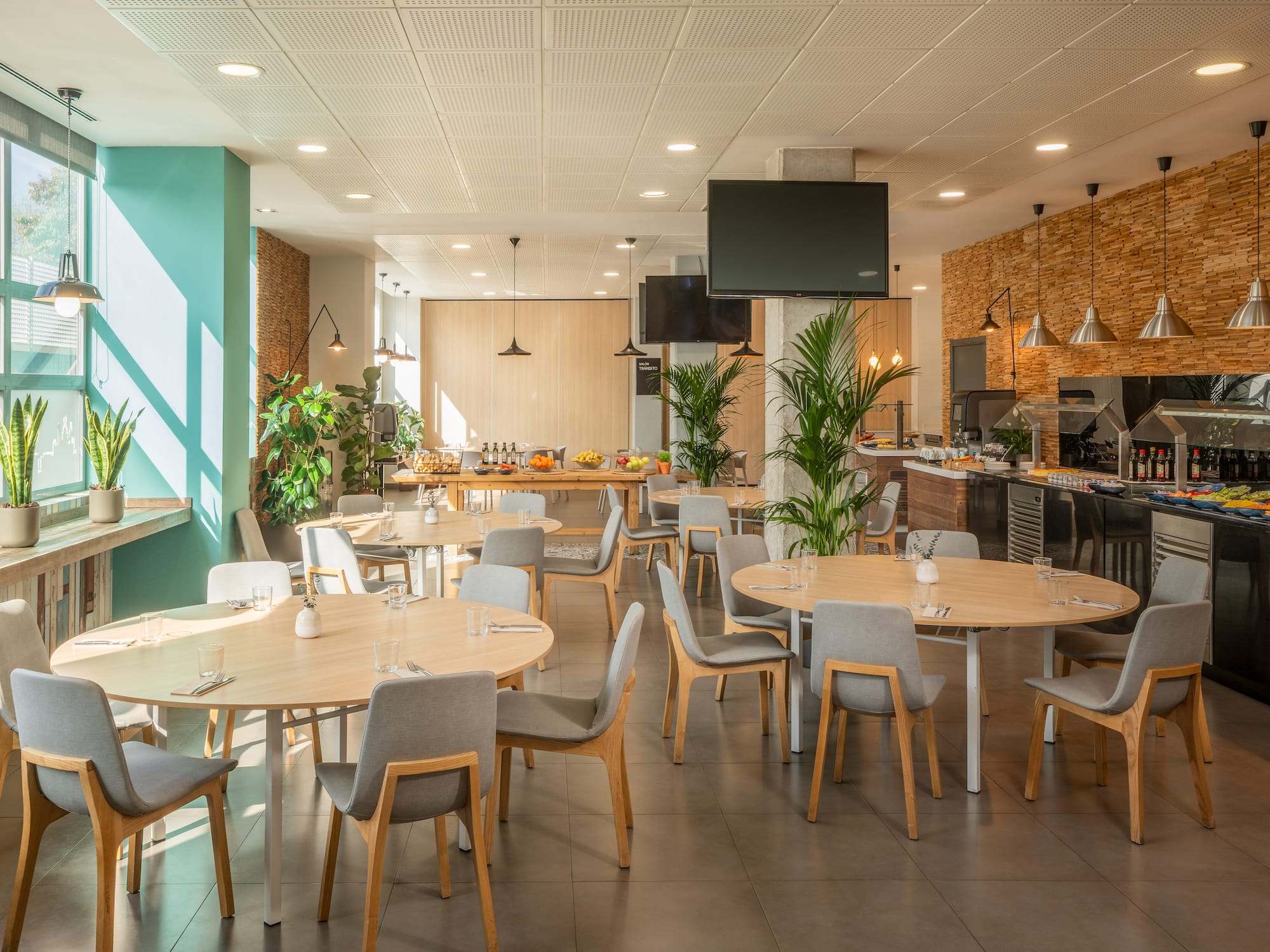 a large room with tables and chairs