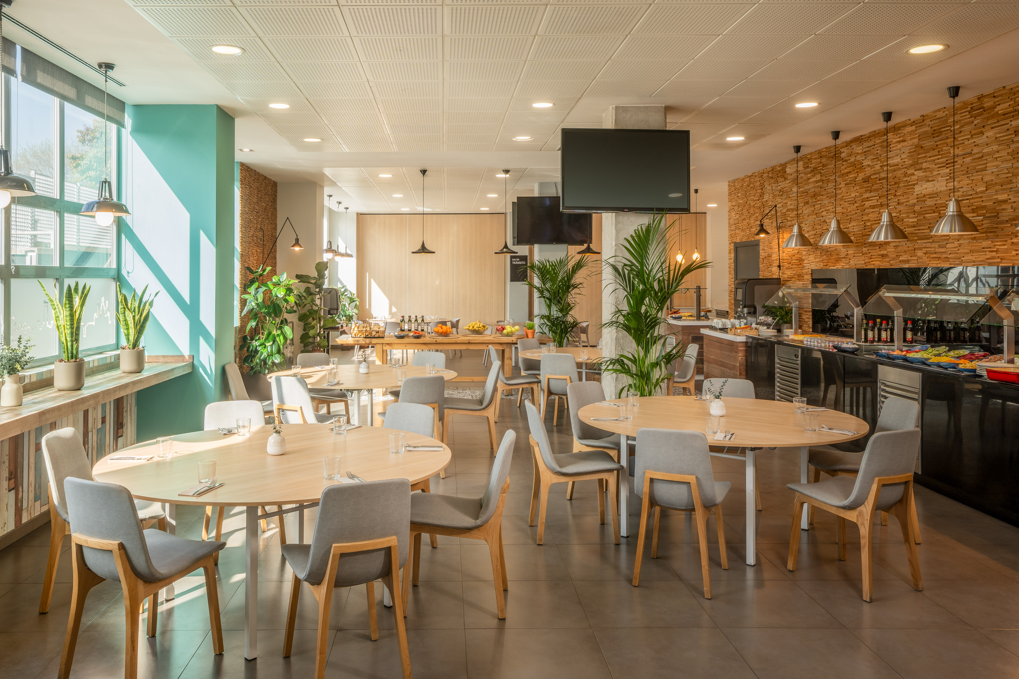 Bright, modern hotel restaurant with buffet, light wood tables, and green plants.