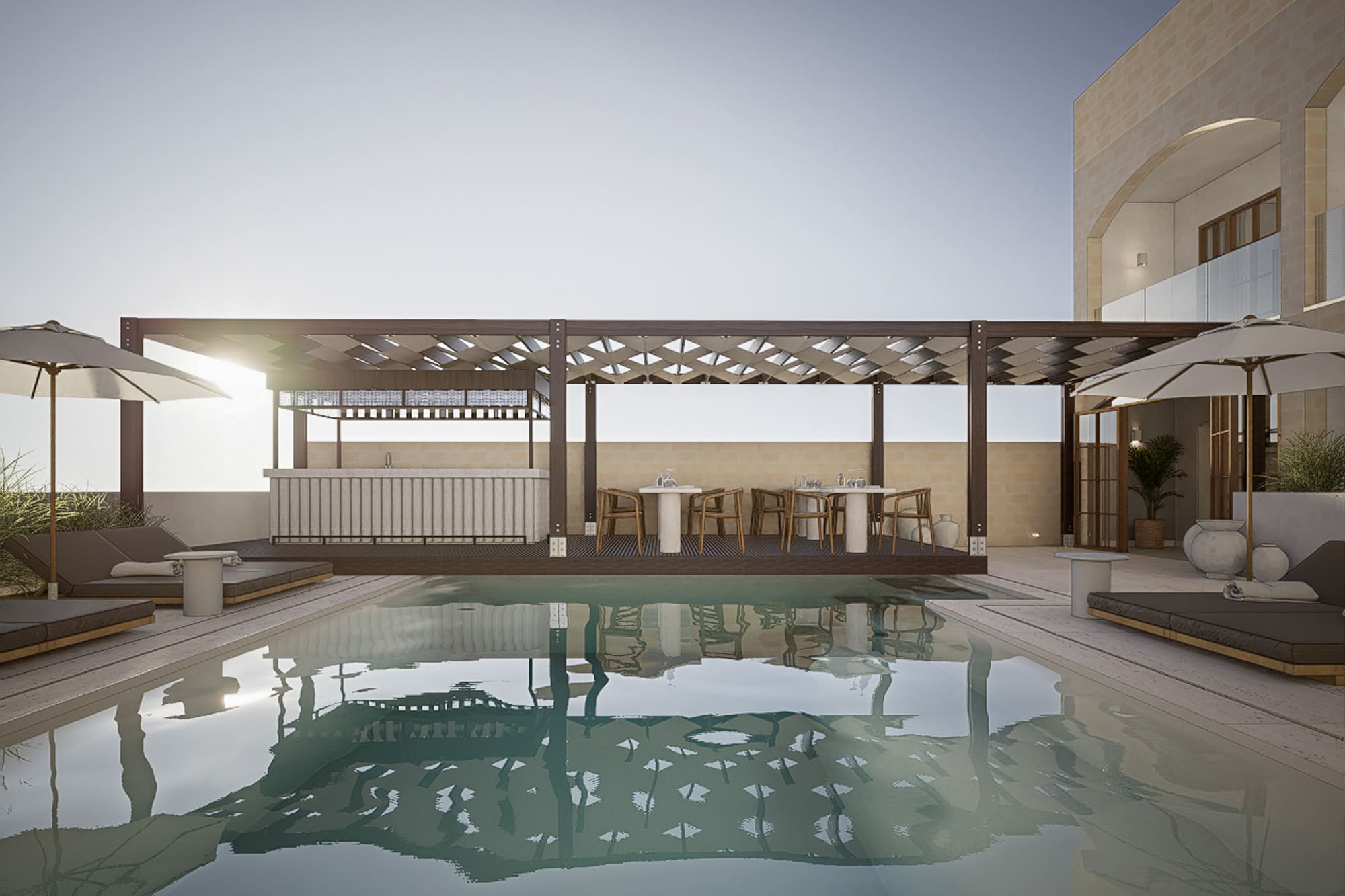 a pool with a deck and a table