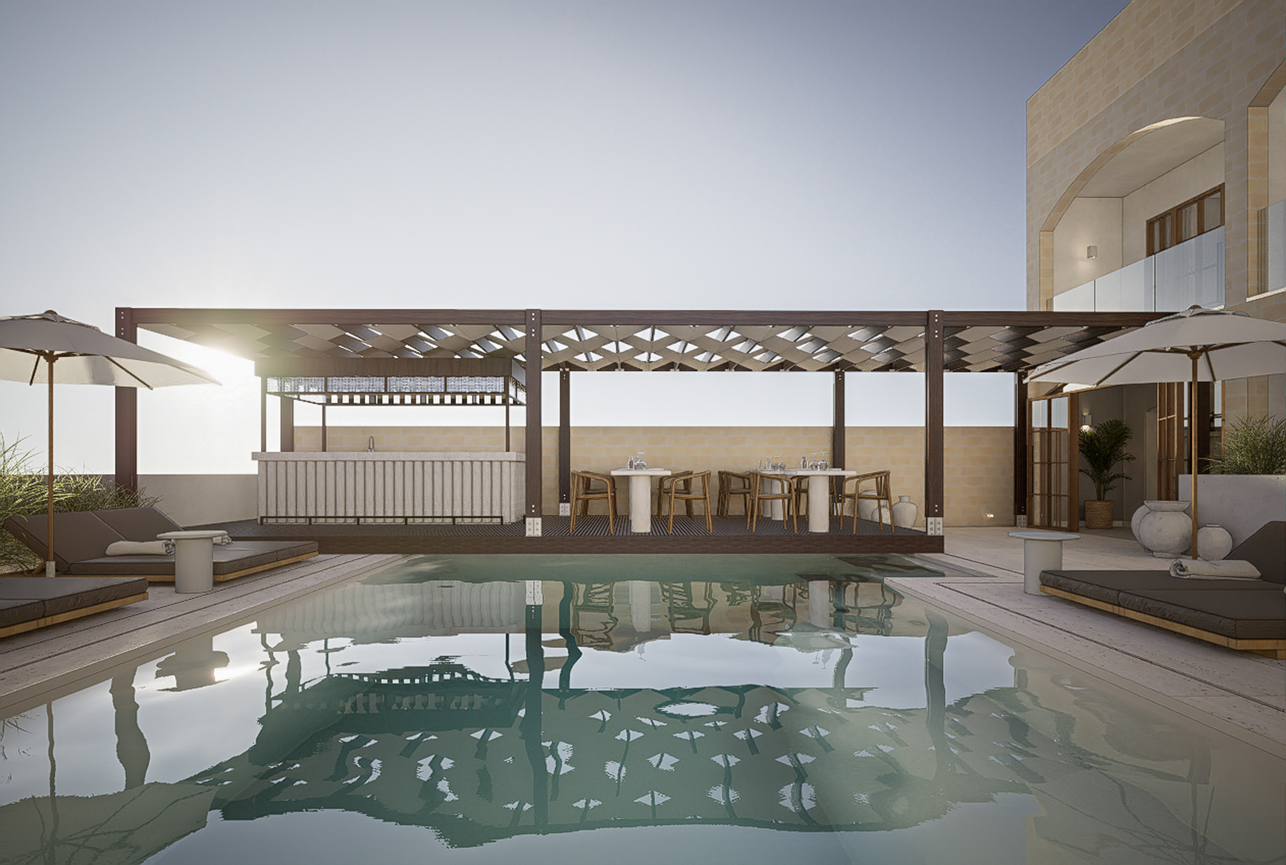 Rooftop pool deck with outdoor bar, shaded pergola, lounge chairs, and dining.