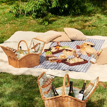 picnic blanket with food and drinks on it