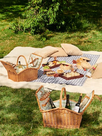 picnic blanket with food and drinks on it