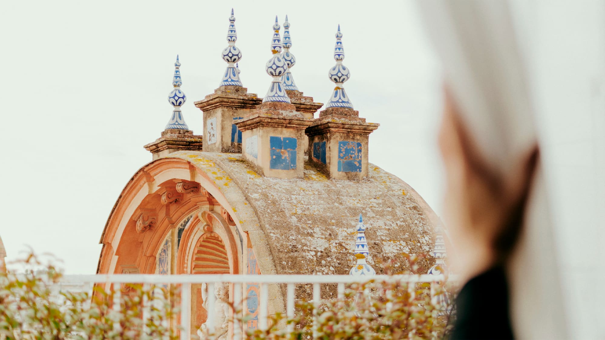 a building with blue and white decorations