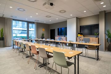 a room with tables and chairs