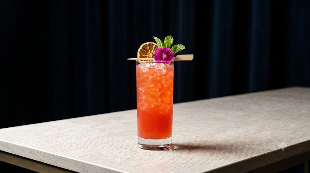 Colorful highball cocktail with ice, dried orange, mint, and flower garnish.