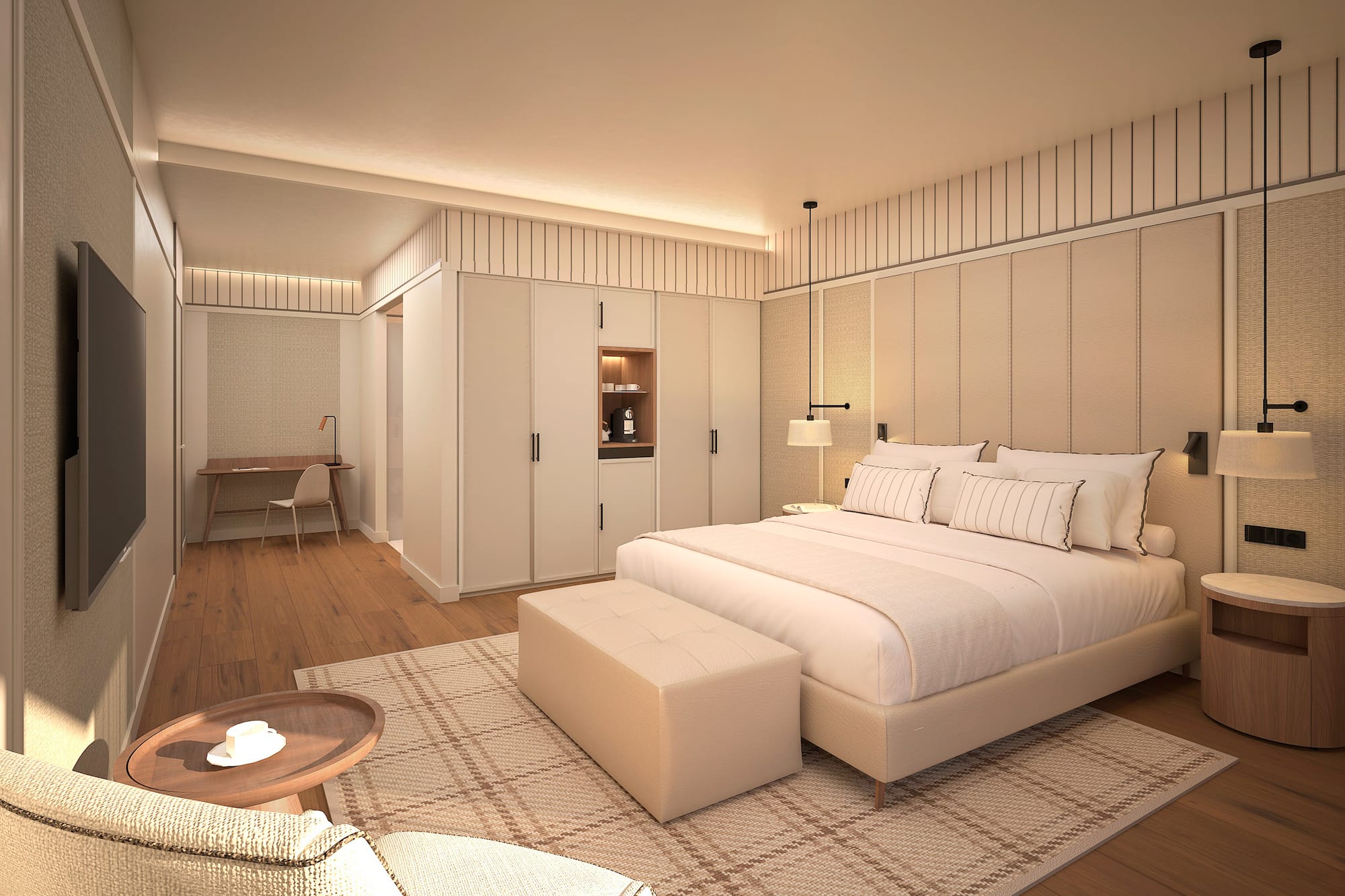 Habitación de hotel moderna con cama grande, zona de estar y escritorio. - Deluxe Room con Solárium - Hotel Golf Santa Ponsa Meliá Collection, Mallorca