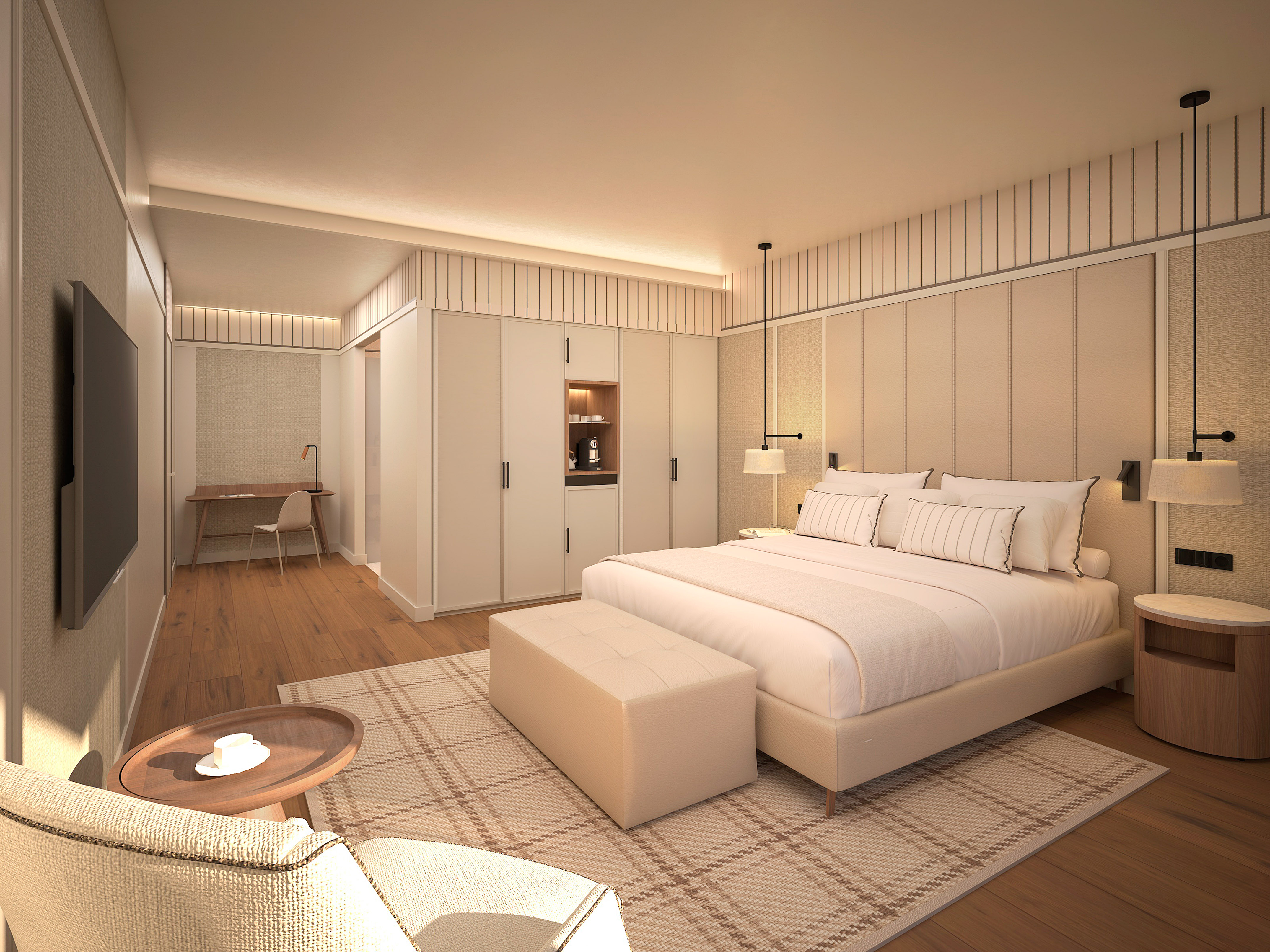 غرفة نوم فندقية عصرية بألوان هادئة وسرير واسع وخزانة ملابس أنيقة. - Deluxe Room مع تشميس - Hotel Golf Santa Ponsa Meliá Collection, مايوركا