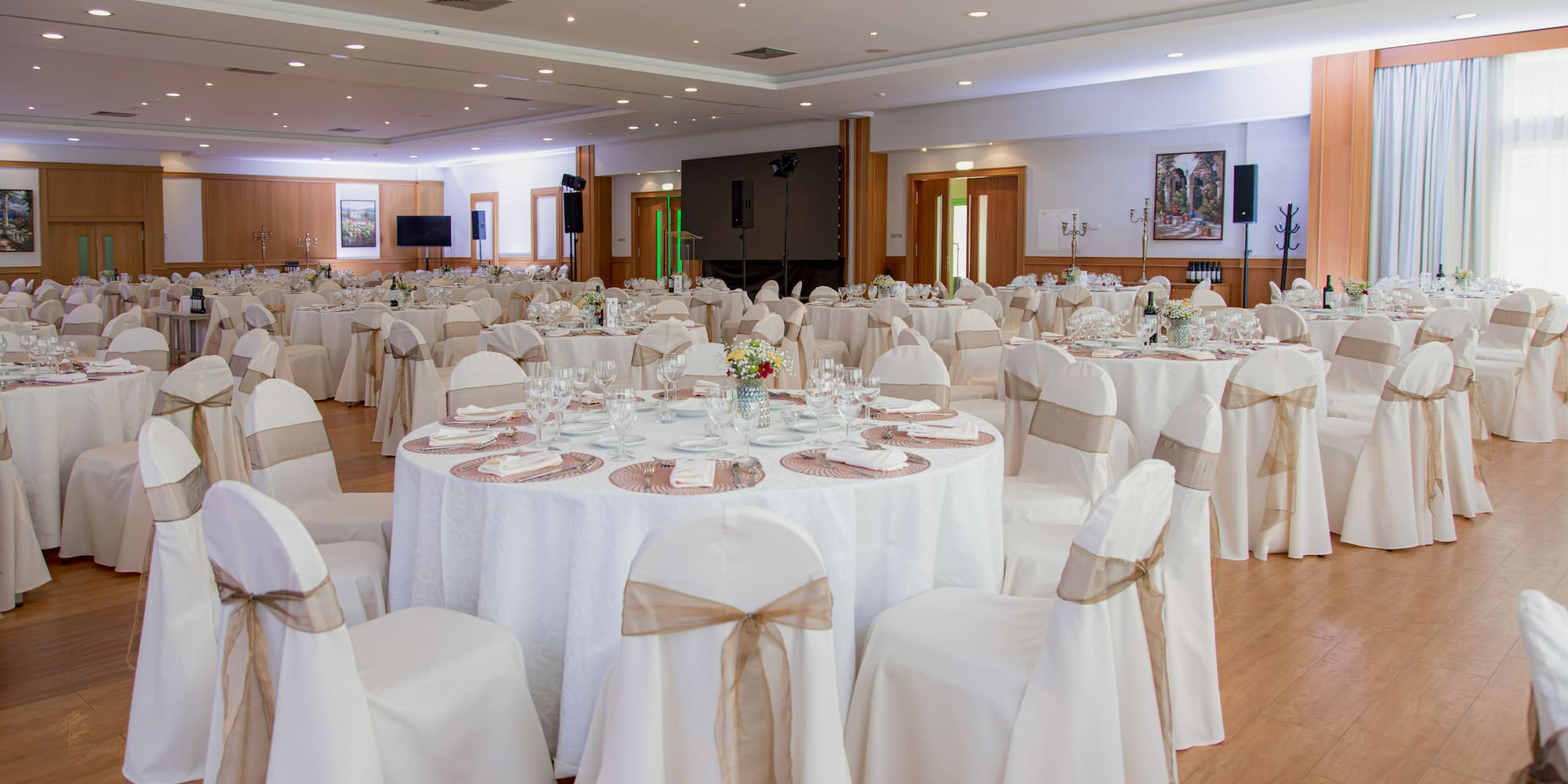 a room with tables and chairs