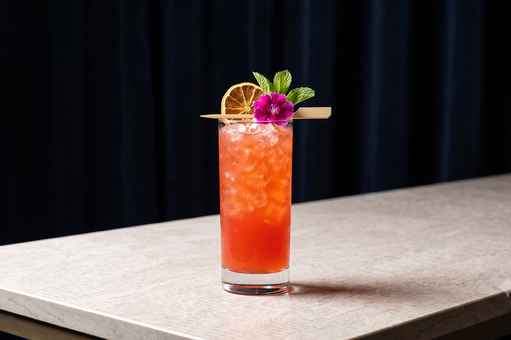 Red cocktail with orange, mint, and flower garnish on a table.