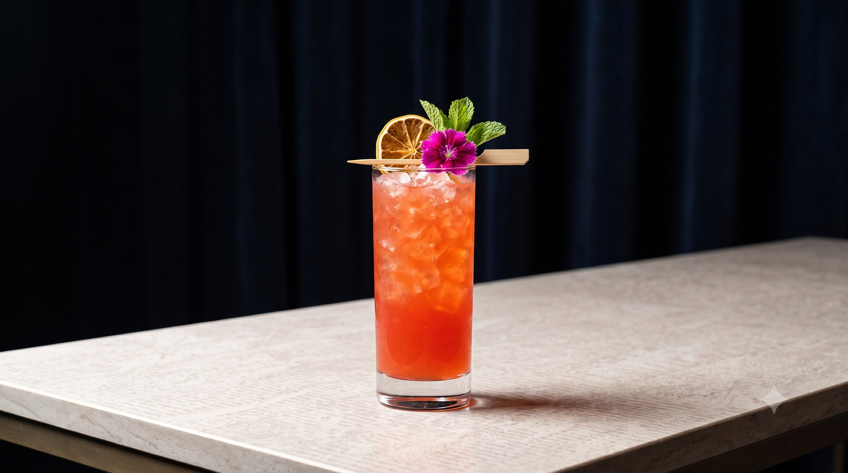 Red cocktail with orange, mint, and flower garnish on a table.