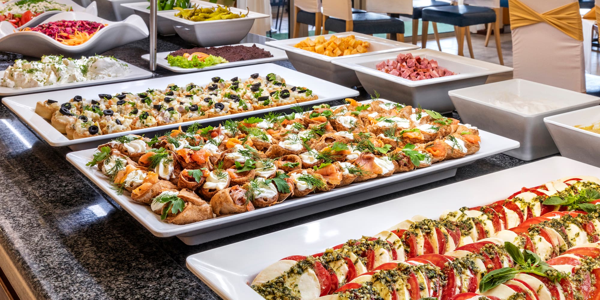 a buffet table full of food