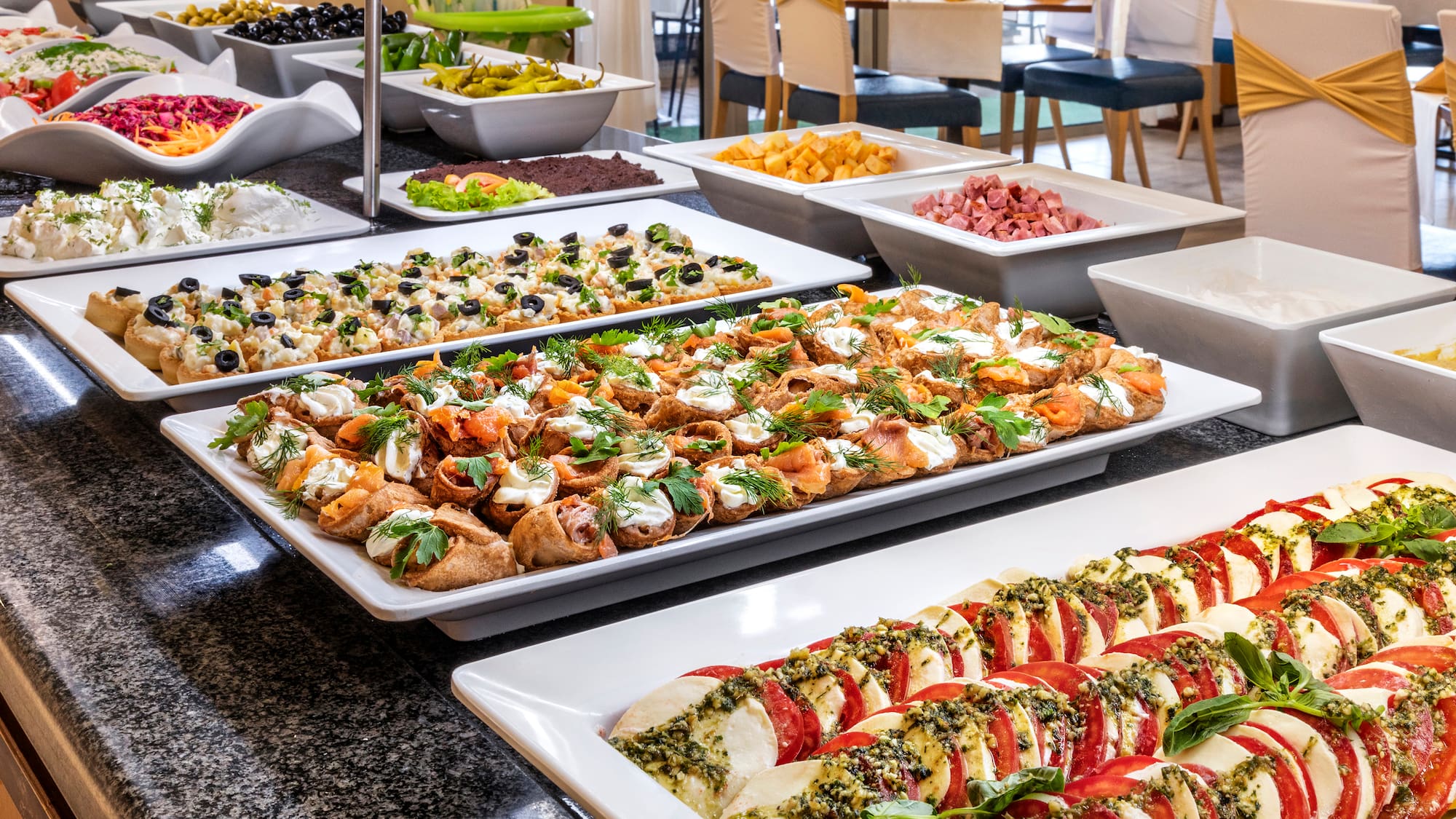 a buffet table full of food