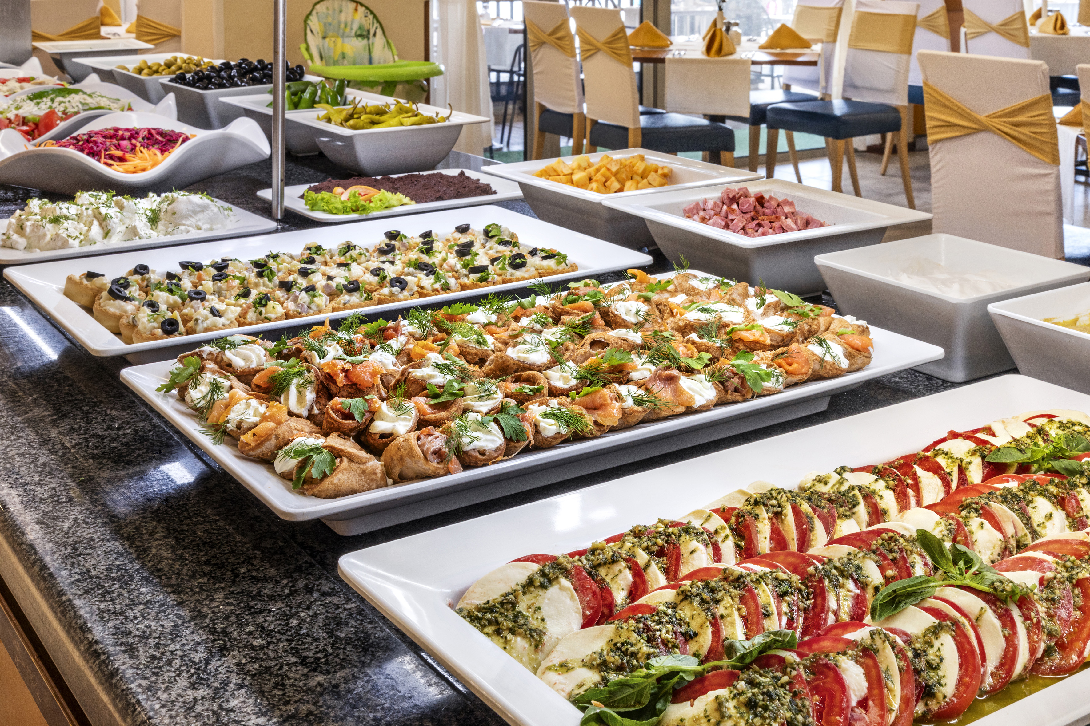 a buffet table full of food