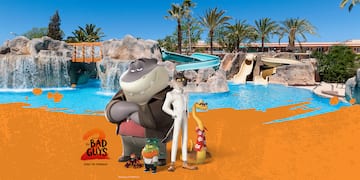 a group of cartoon characters in front of a water park