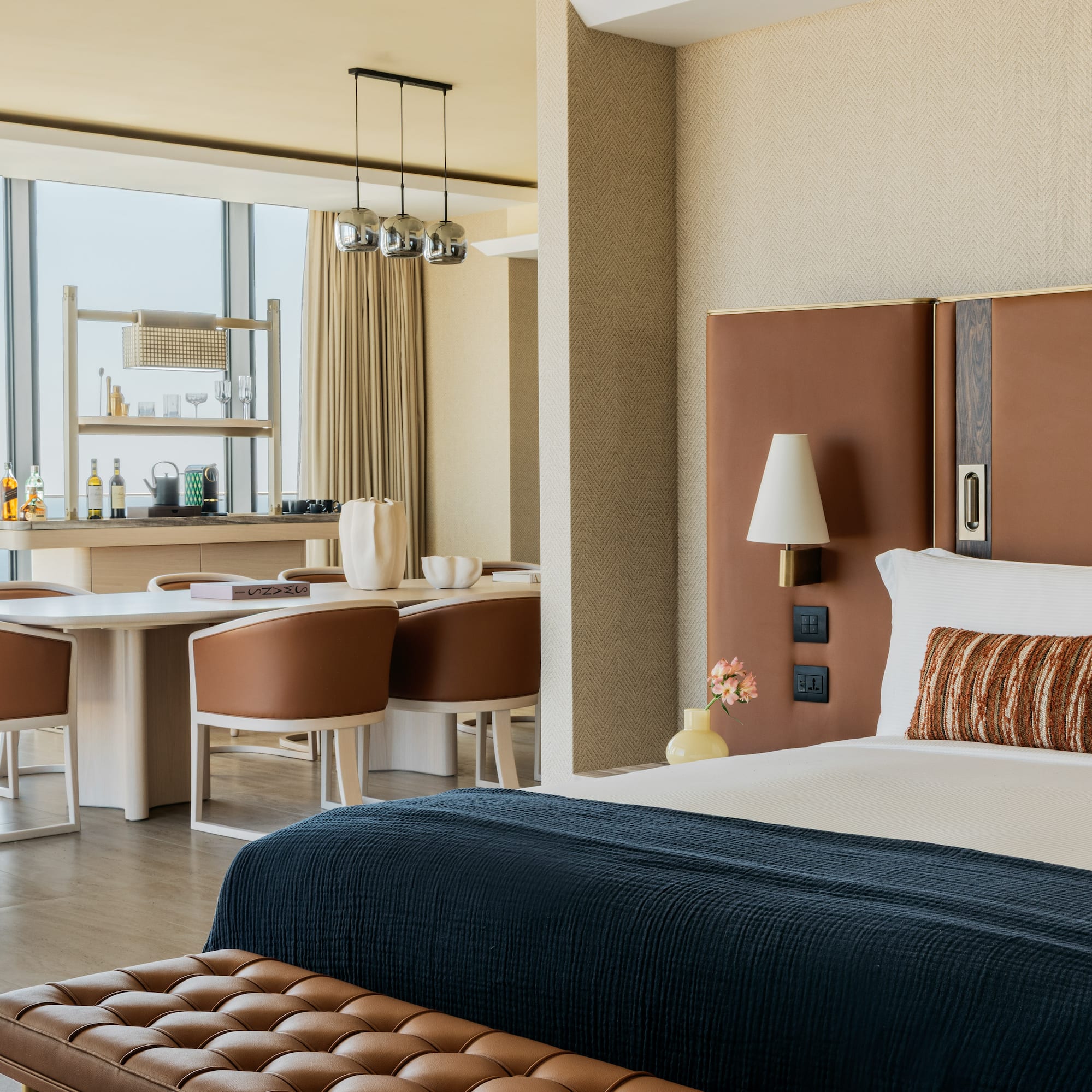 a room with a bed and a table