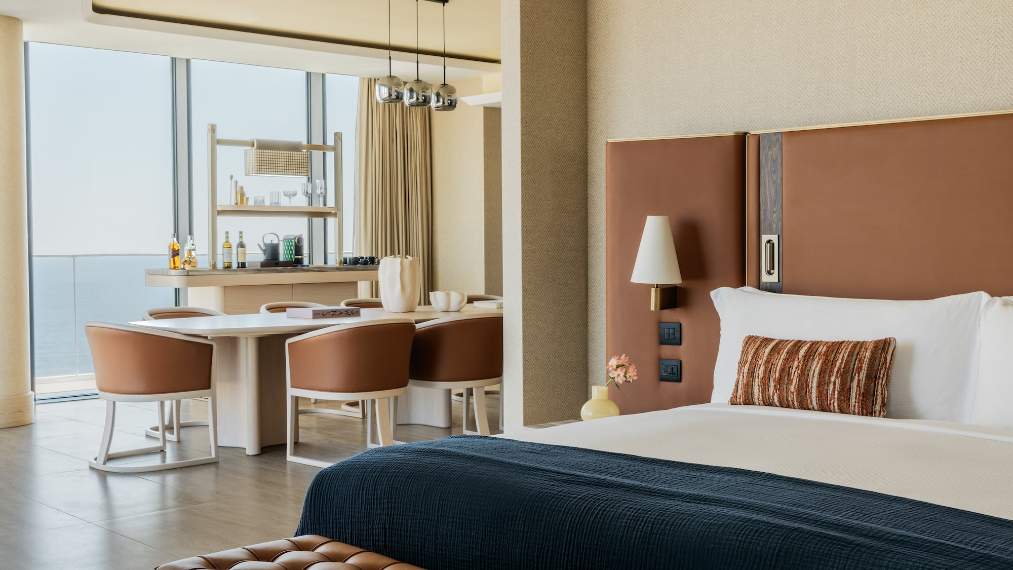 a room with a bed and a table