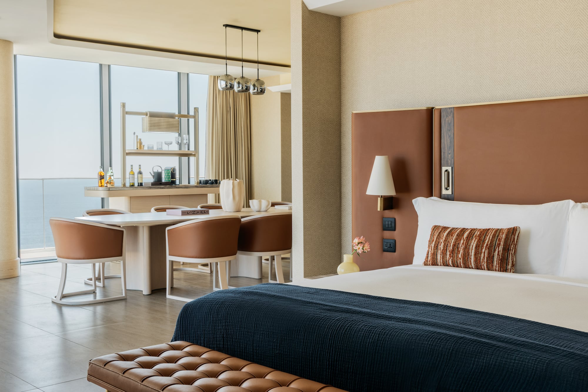 a room with a bed and a table