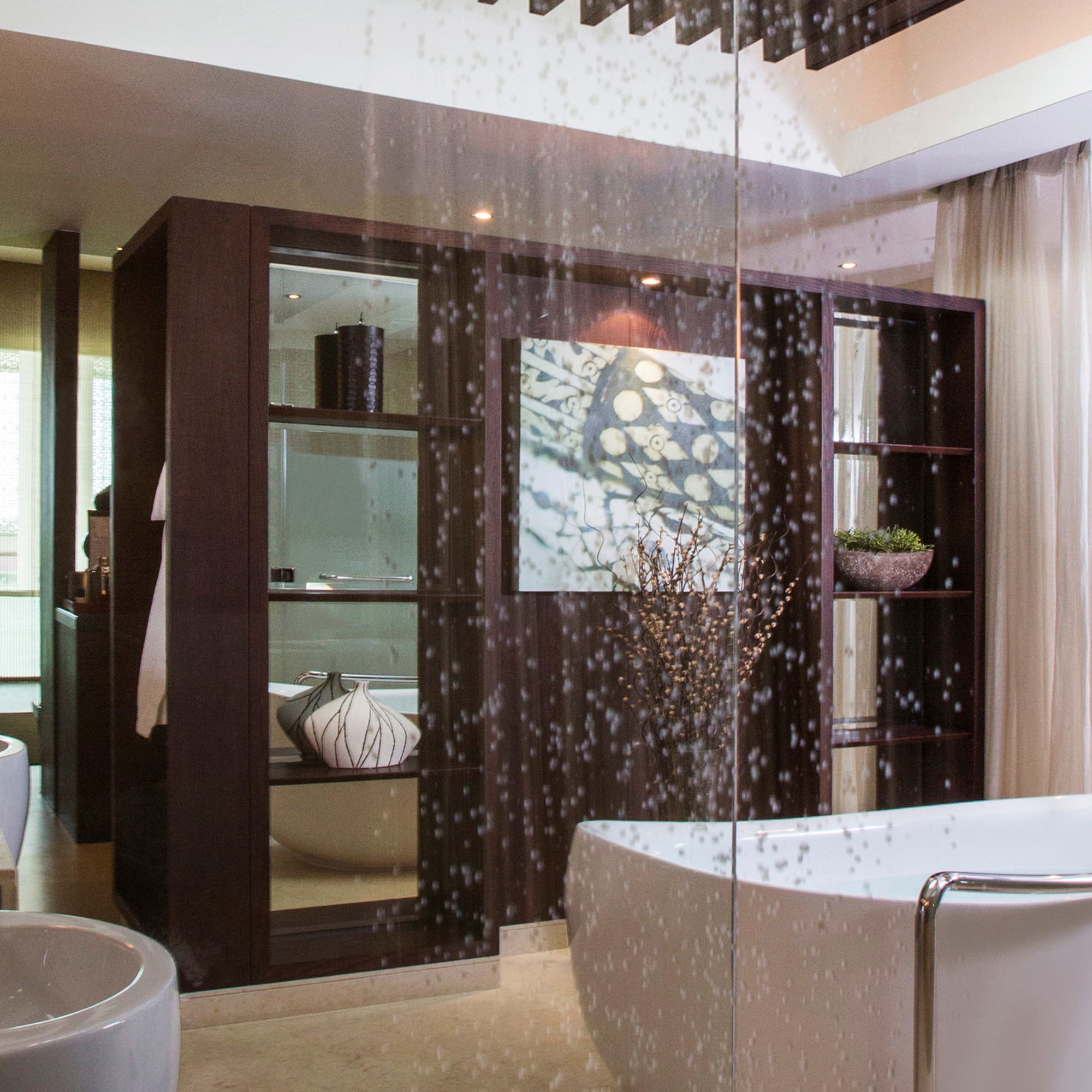 a bathroom with a glass shower