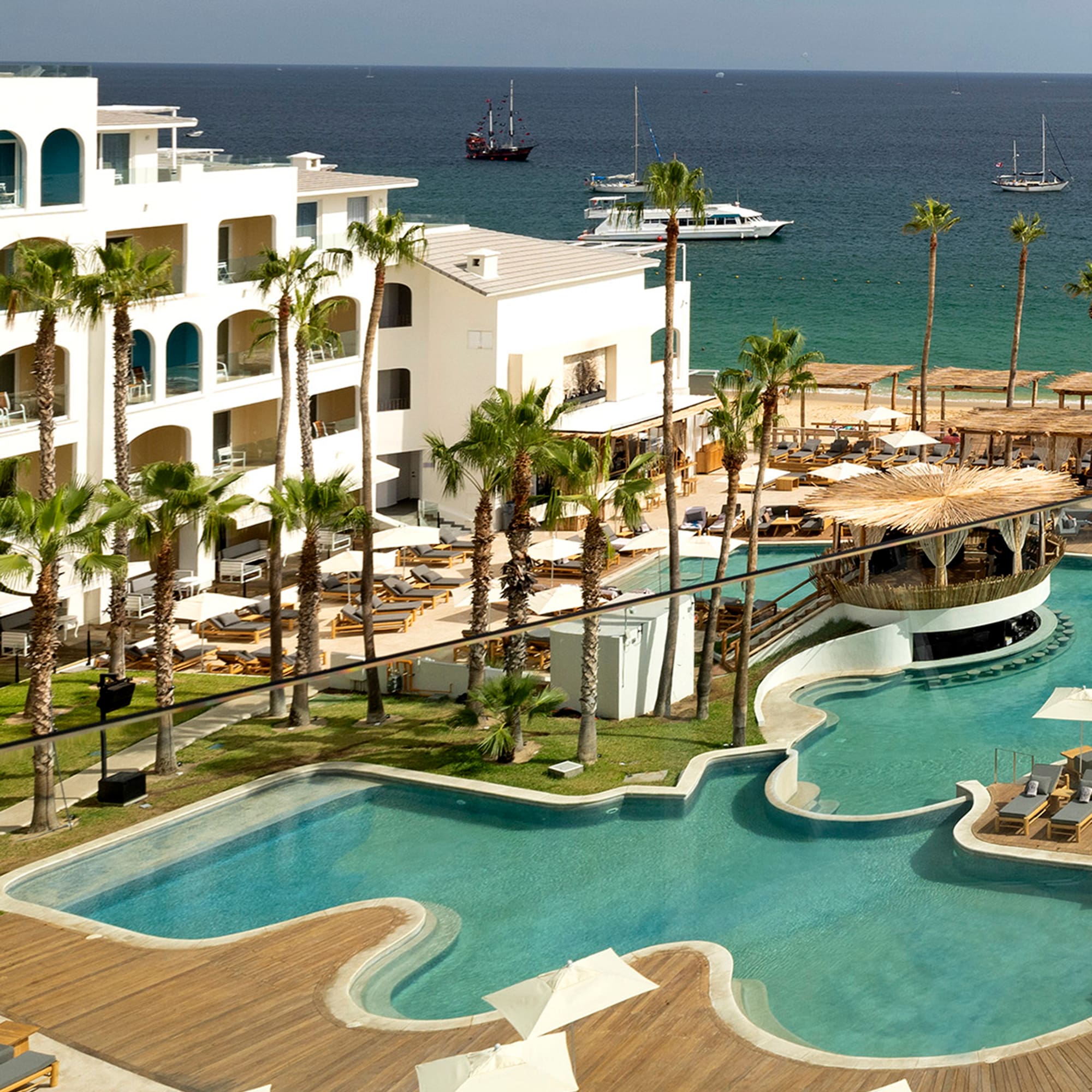 a swimming pool with palm trees and a building with a body of water