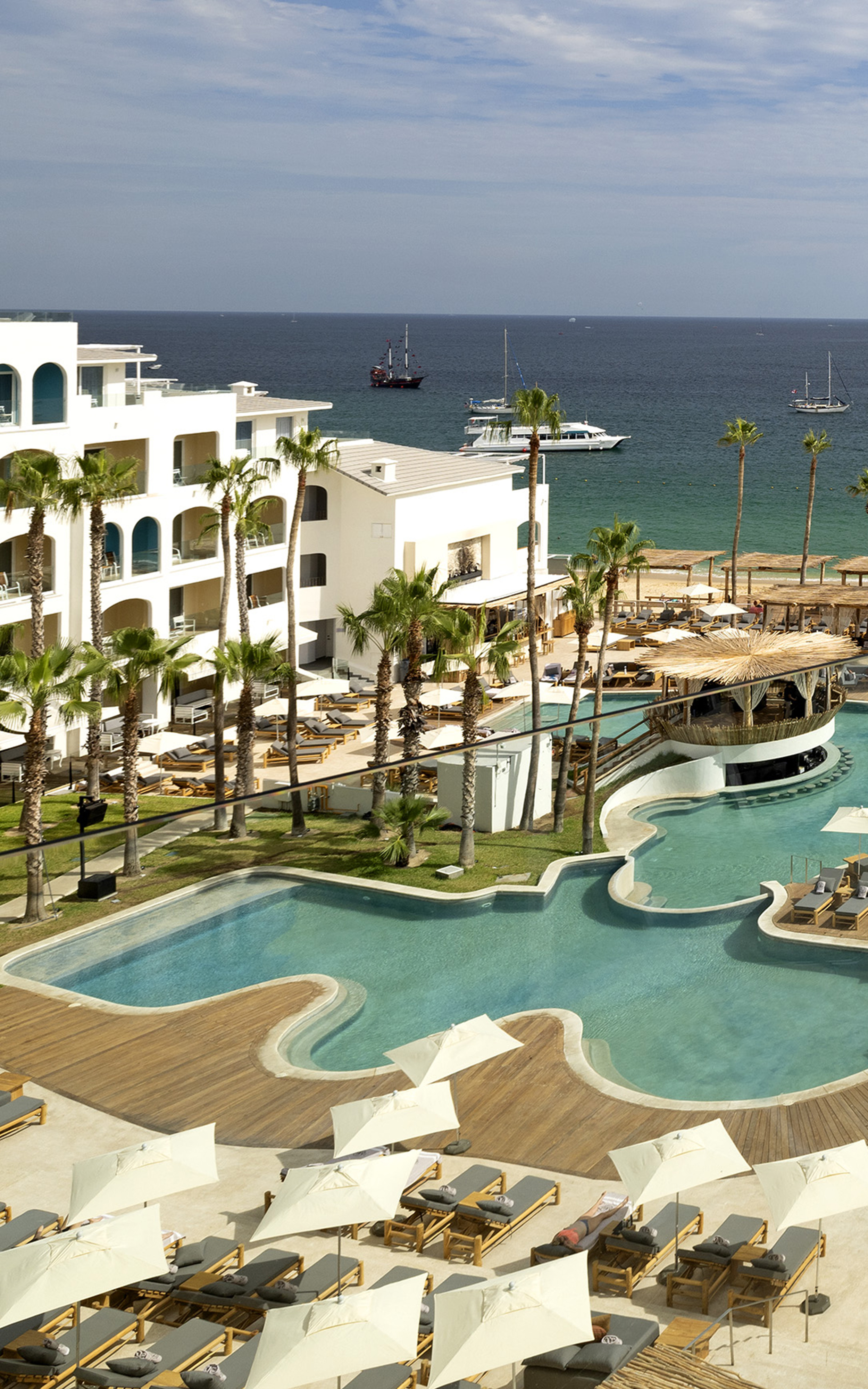 a swimming pool with palm trees and a building with a body of water