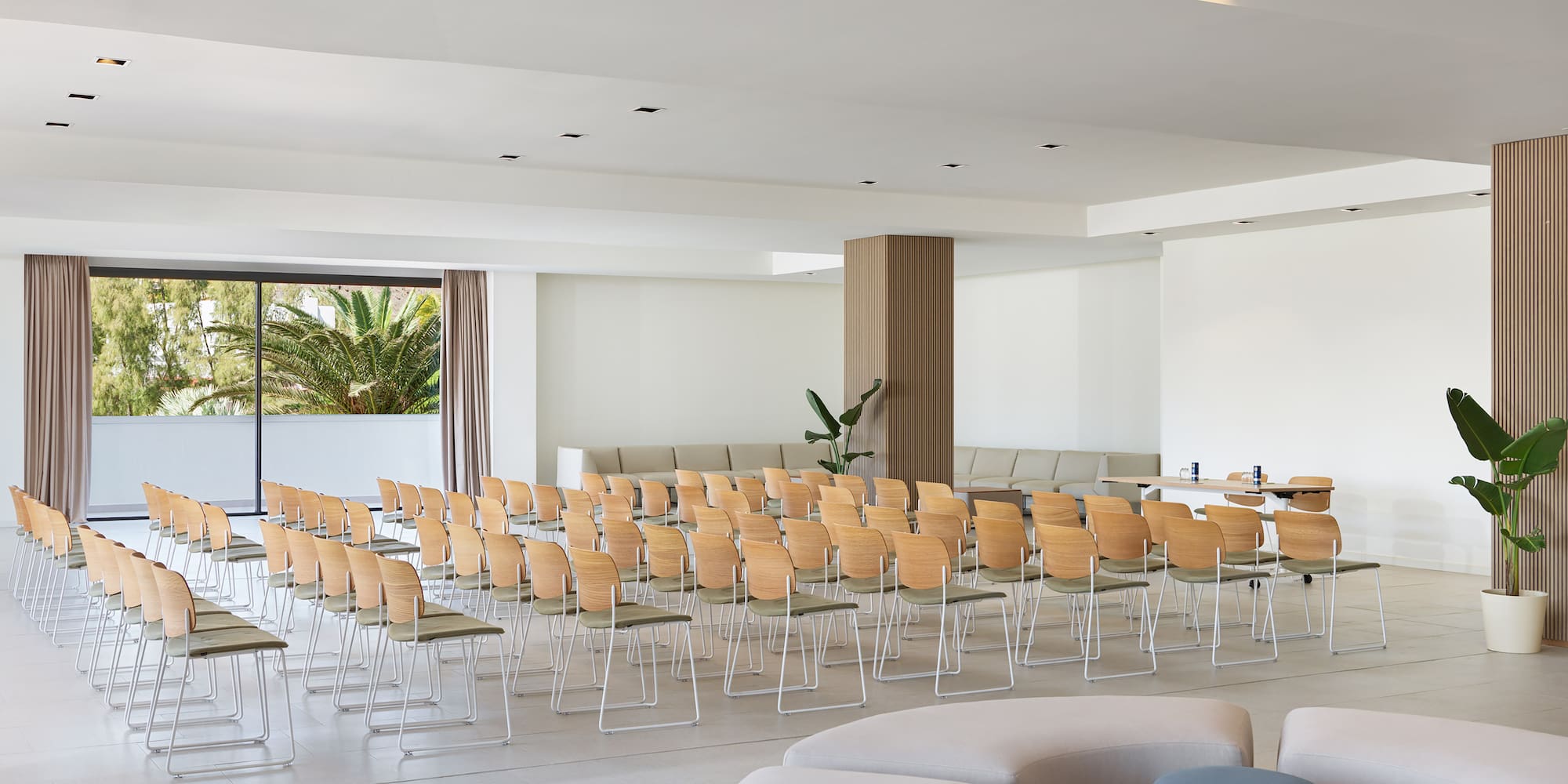 a room with chairs and tables