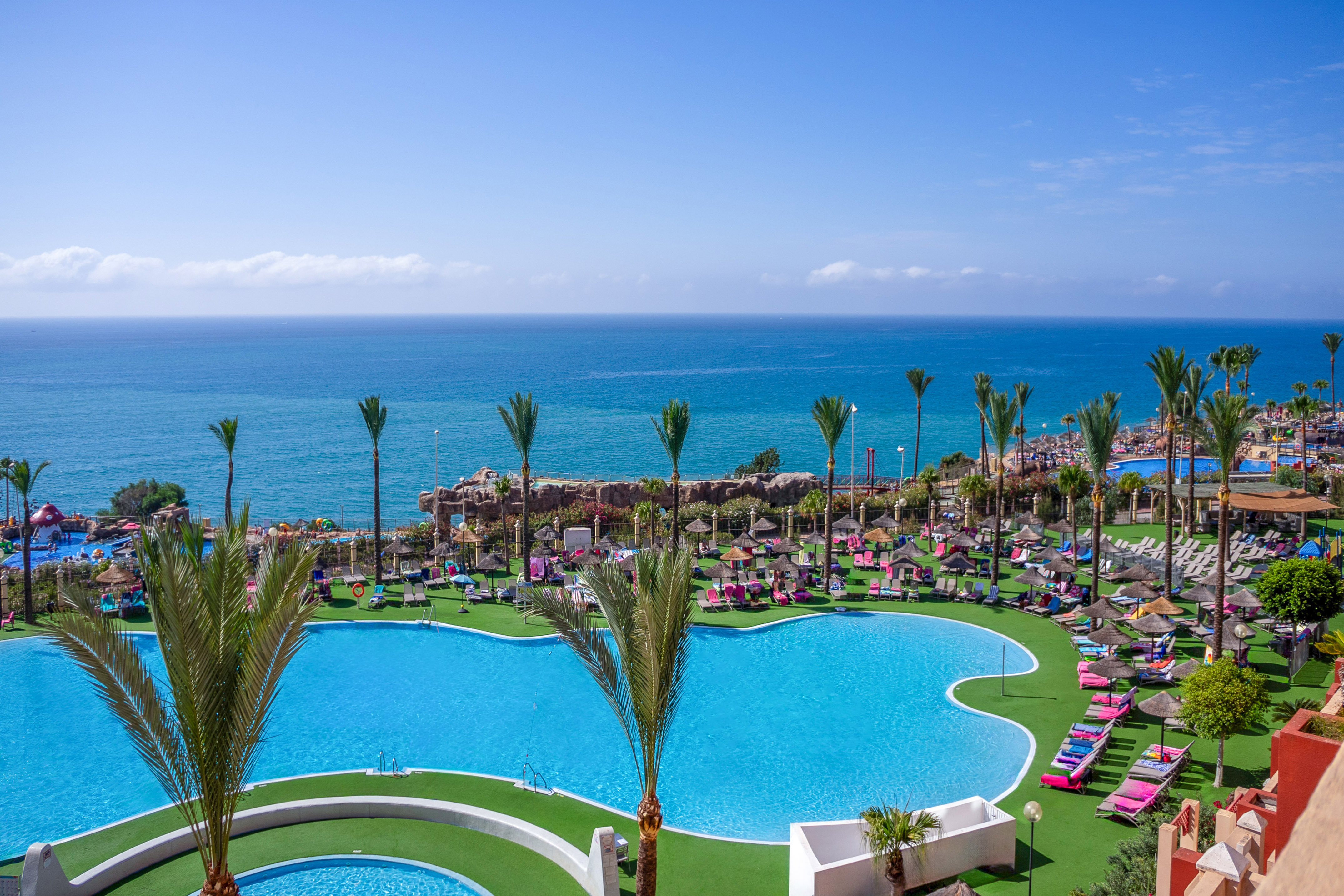 a pool with palm trees and a beach and a body of water