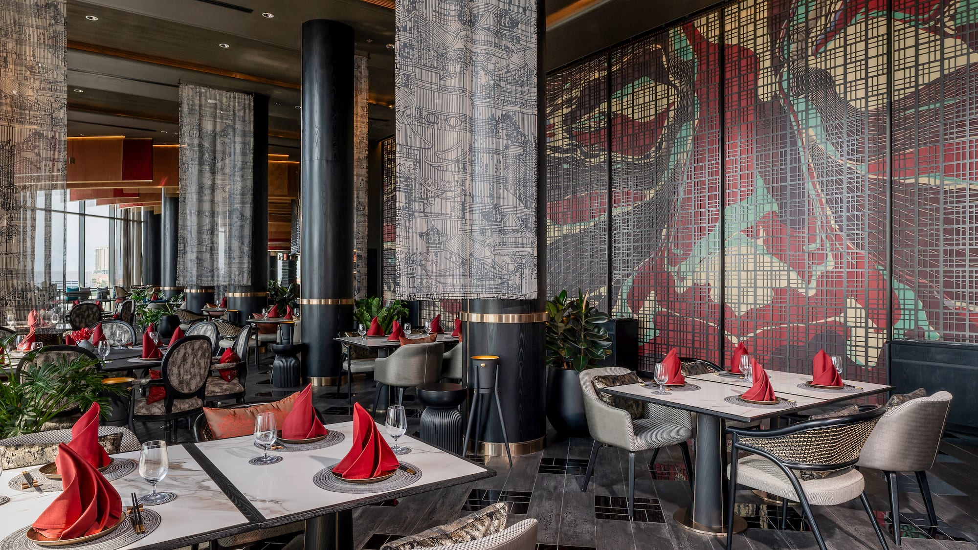 a restaurant with tables and chairs