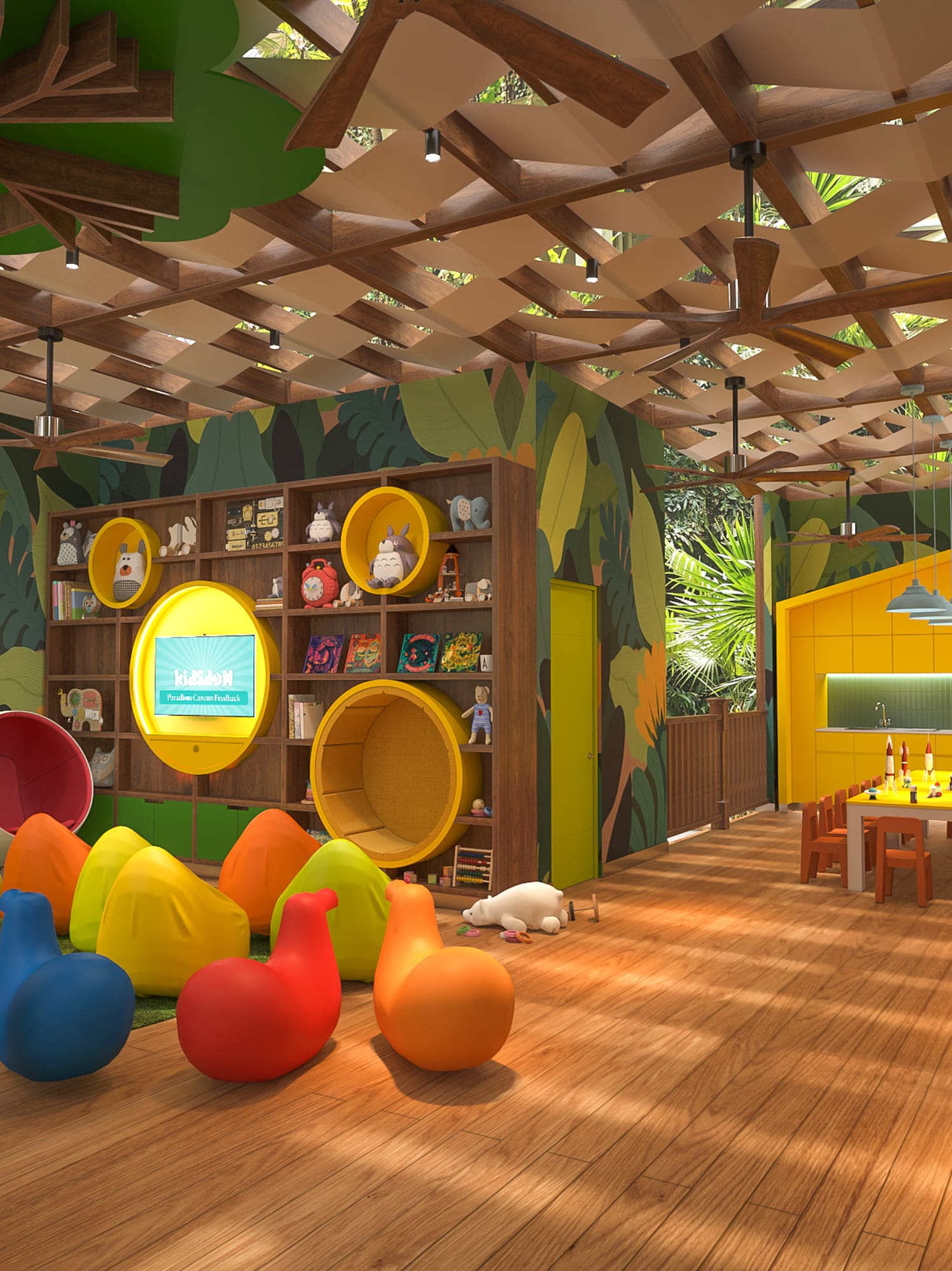 a room with colorful toys and a play area