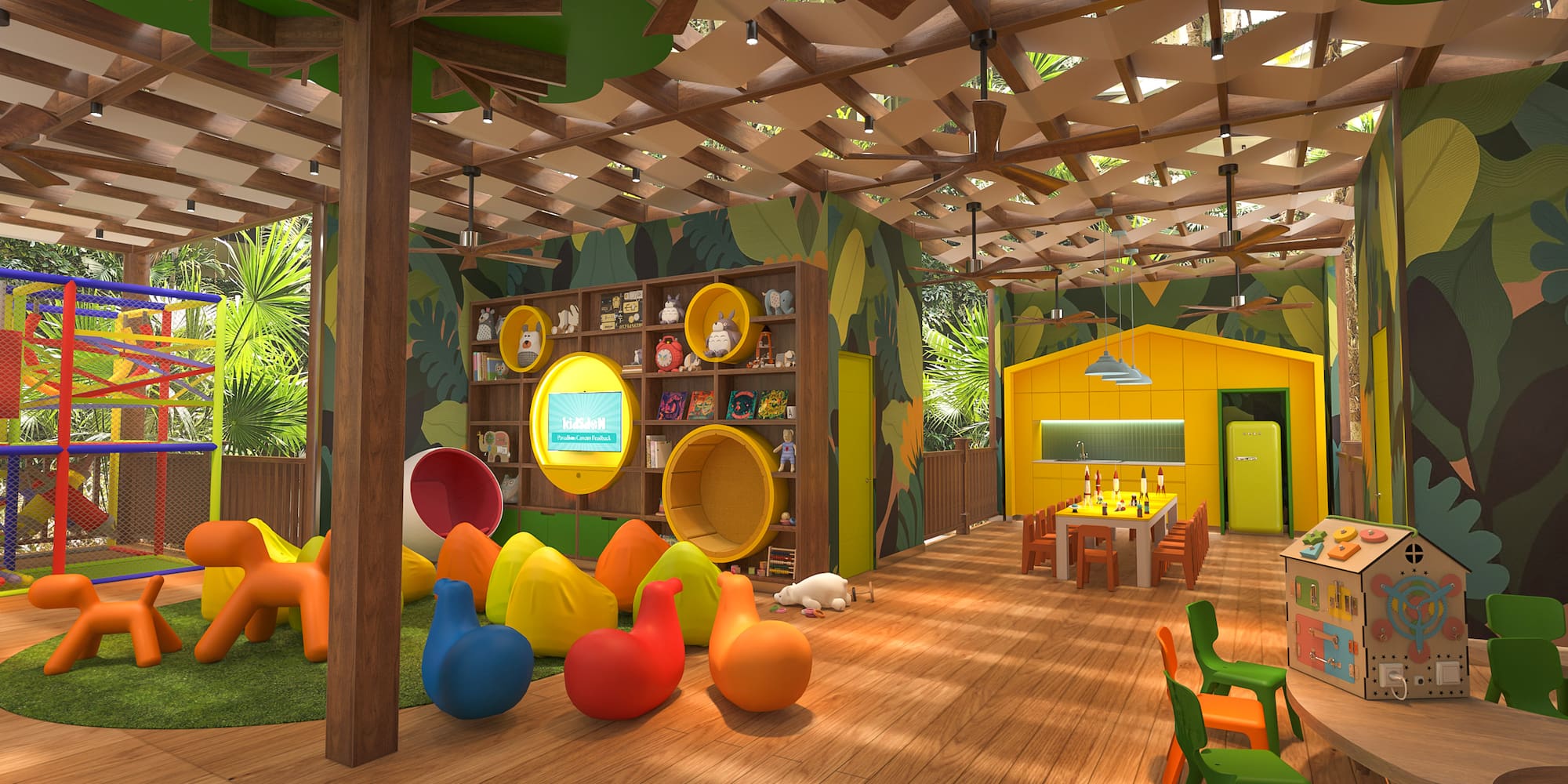 a room with colorful toys and a play area