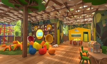 a room with colorful toys and a play area