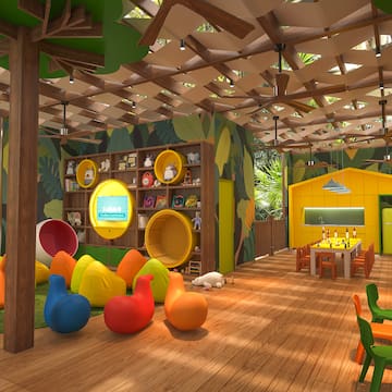 a room with colorful toys and a play area