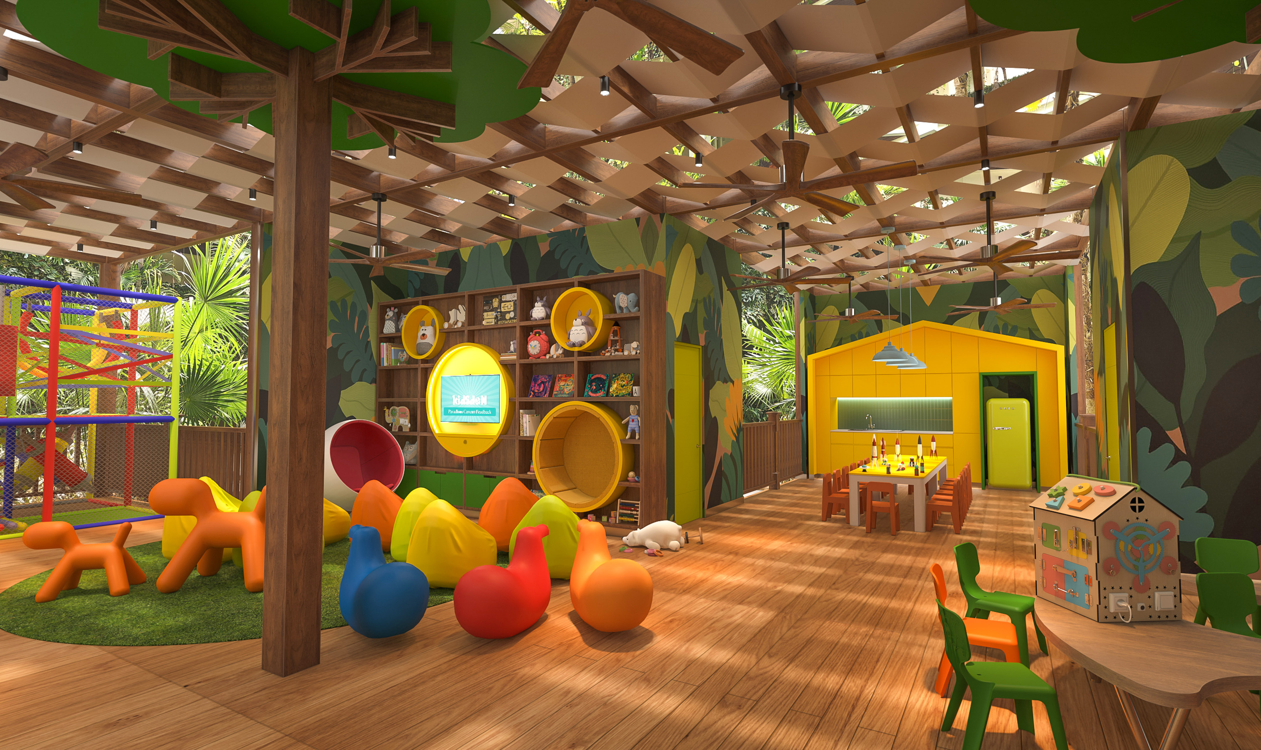 a room with colorful toys and a play area