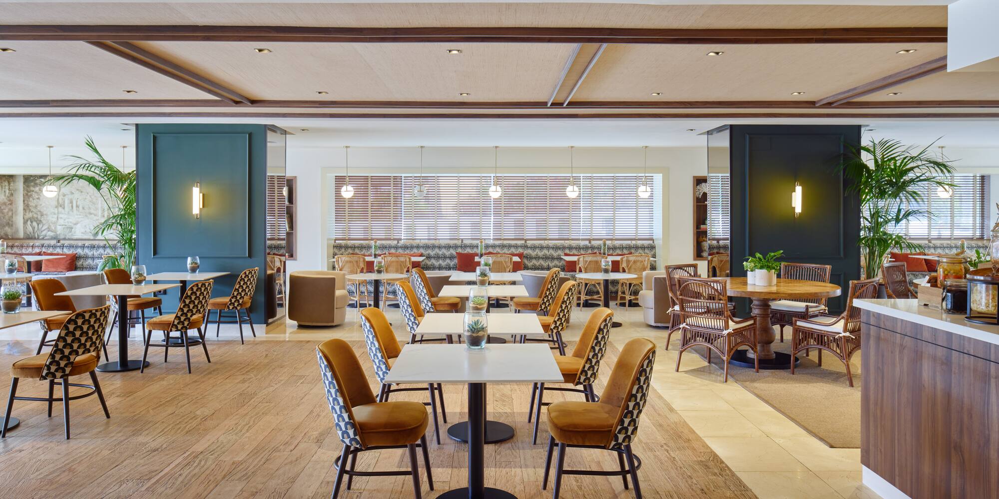 a room with tables and chairs