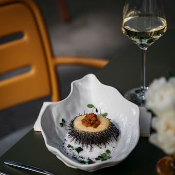 a sea urchin in a white bowl next to a glass of wine