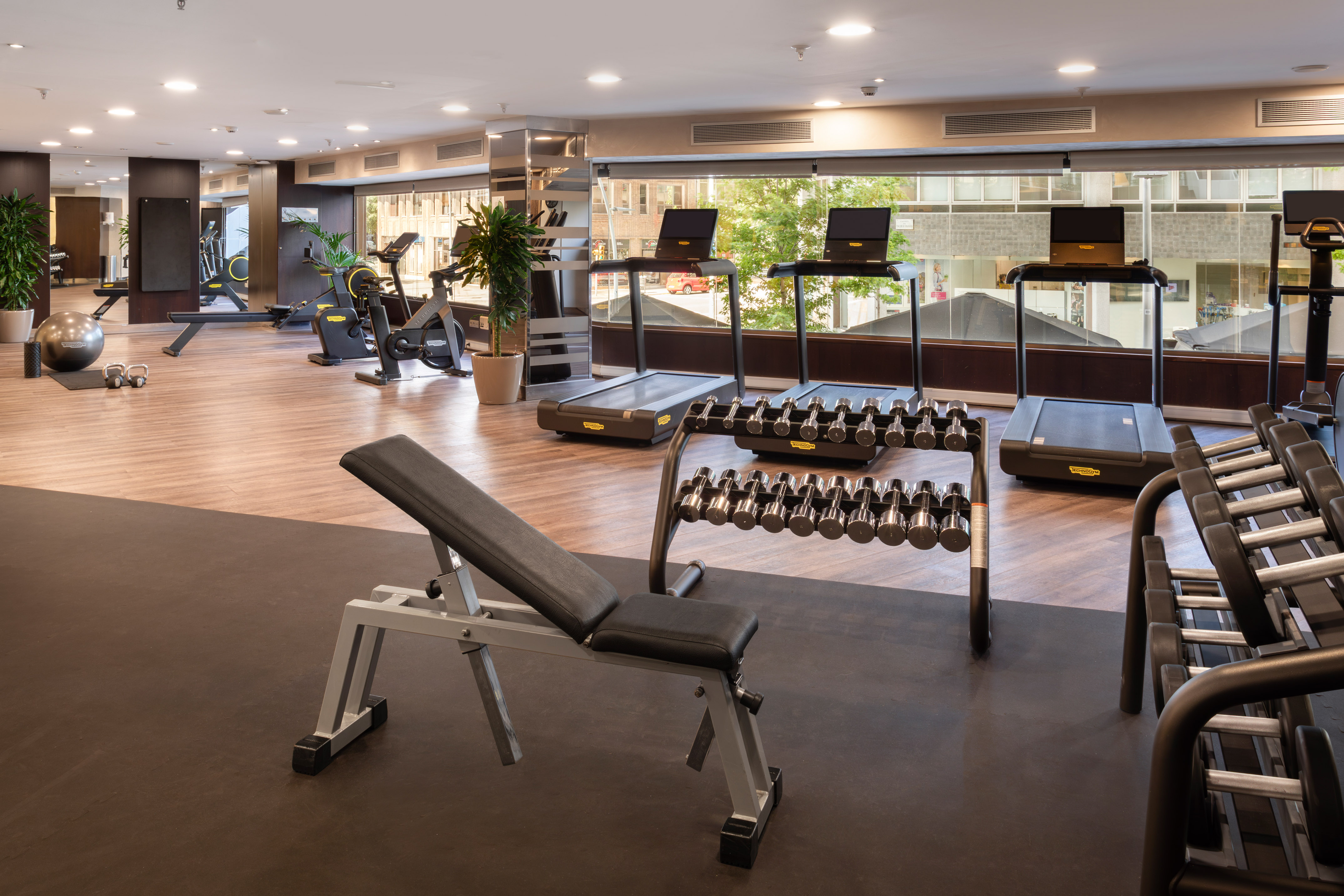 Modern hotel gym with treadmills, dumbbell racks, and weight bench.