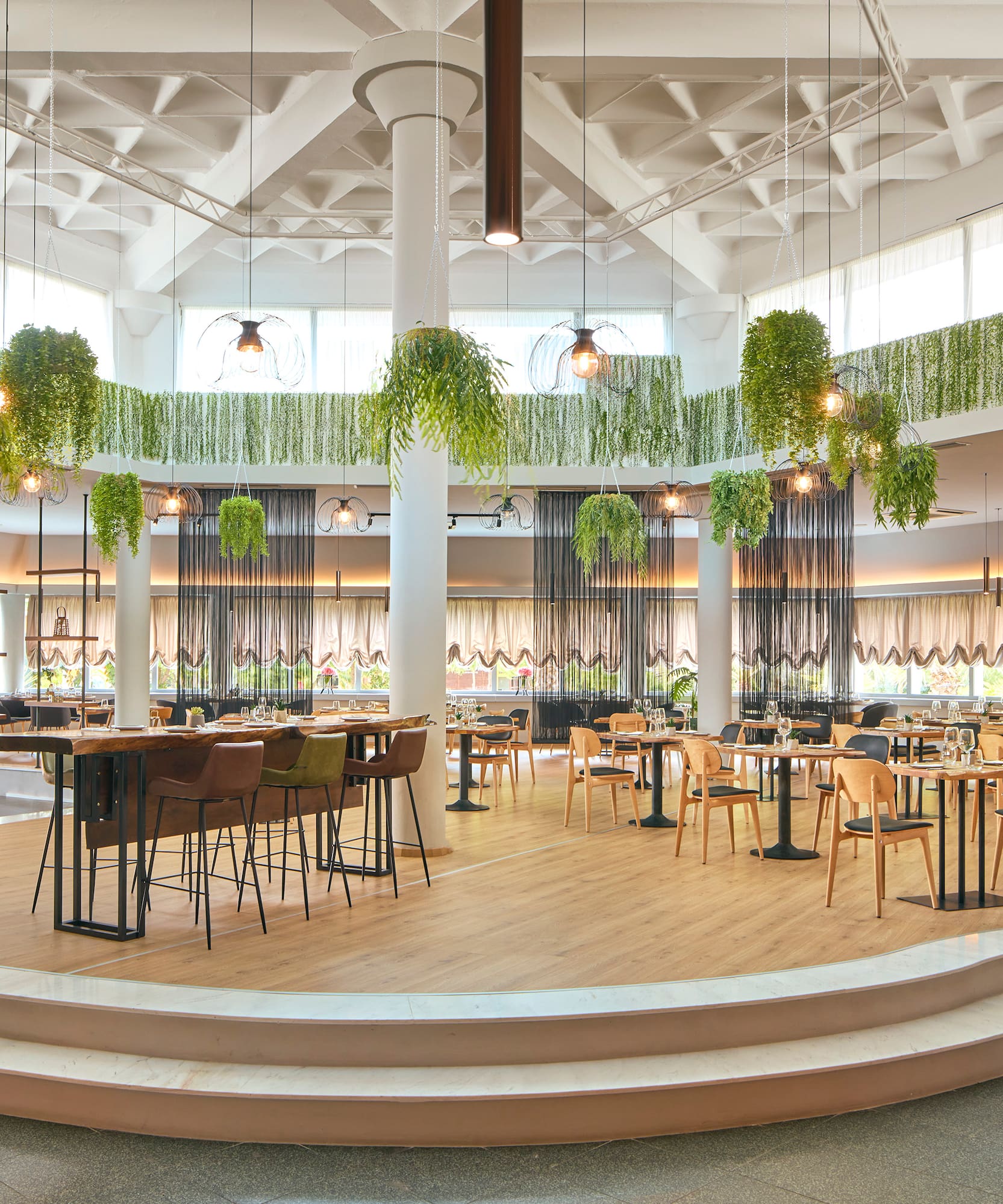 a room with tables and chairs and plants from the ceiling